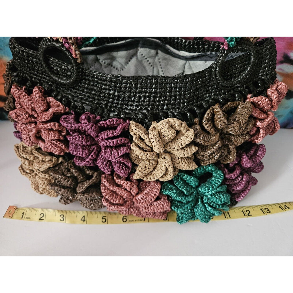 Unique Acrylic Floral Raffia Handbag Black With Colorful Flower Accents