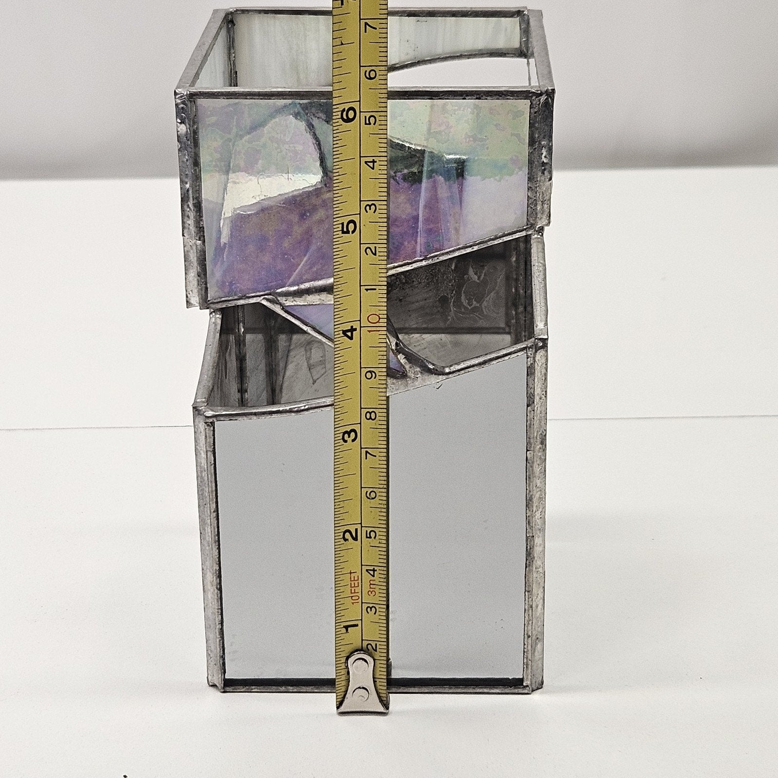 Vintage Leaded Beveled Stained Glass Candle Holder Votive Open Bottom Abstract