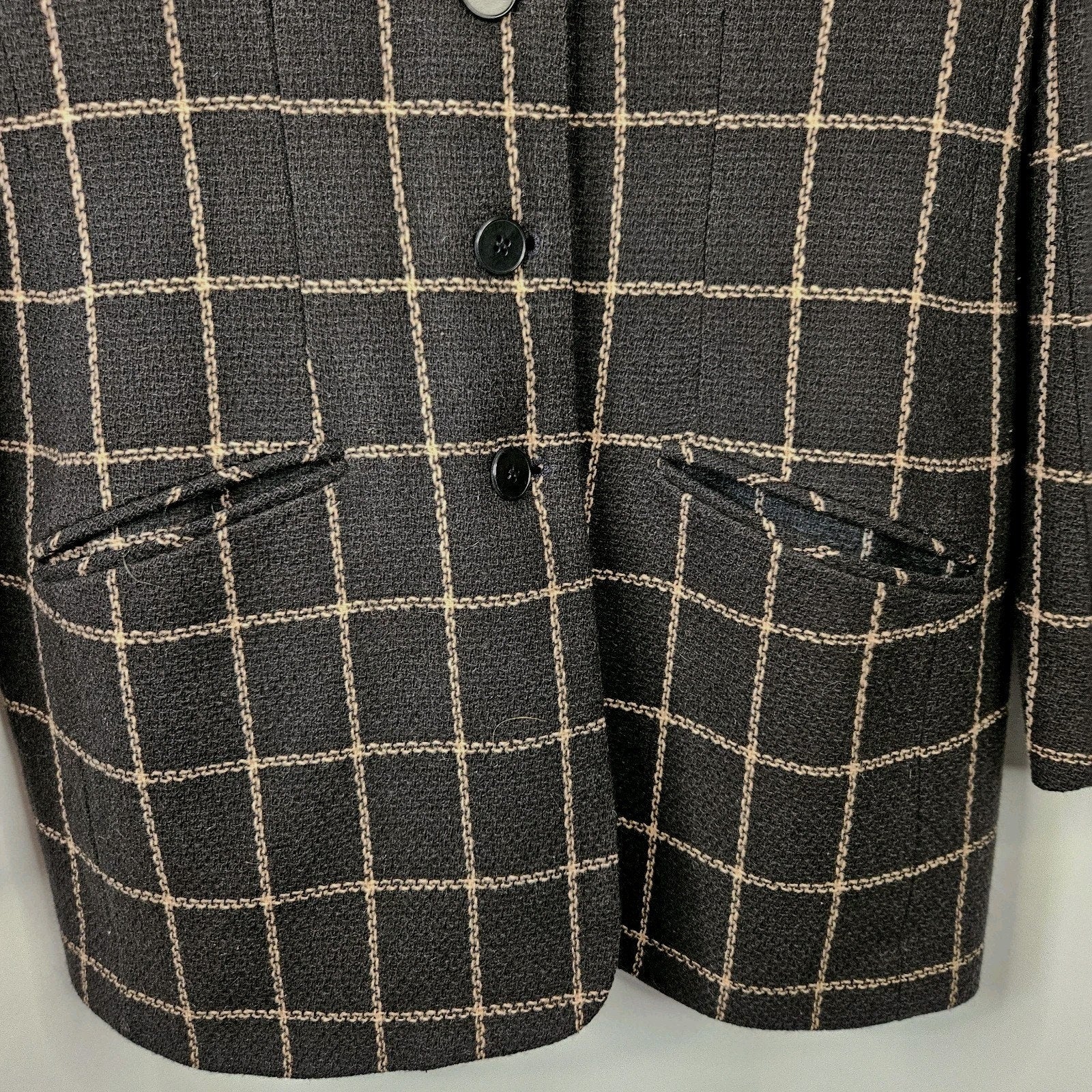 Chaus Women's Black Vintage Plaid Lambs Wool Double Breasted Career Blazer Sz 12