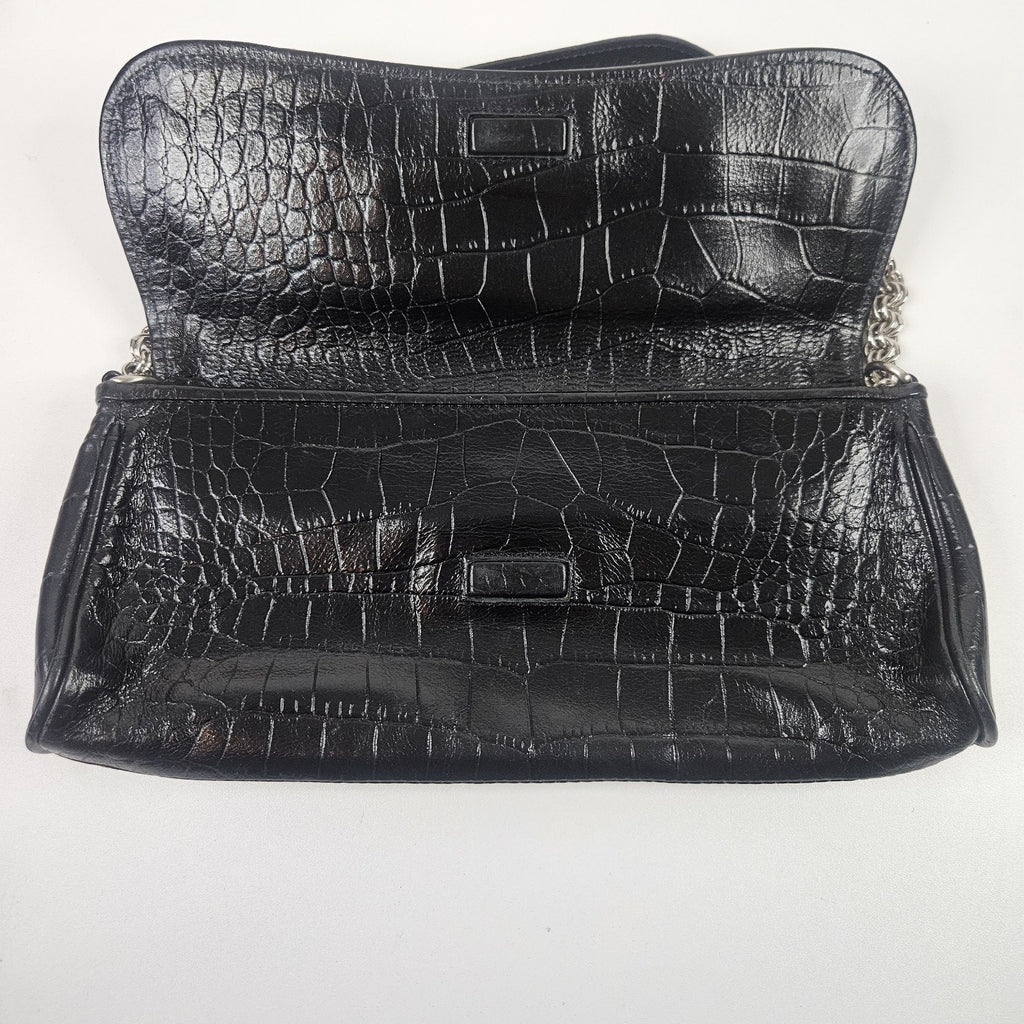 Anne Klein Black Faux Croco Embossed Leather Flap Chain Strap Purse Shoulder Bag