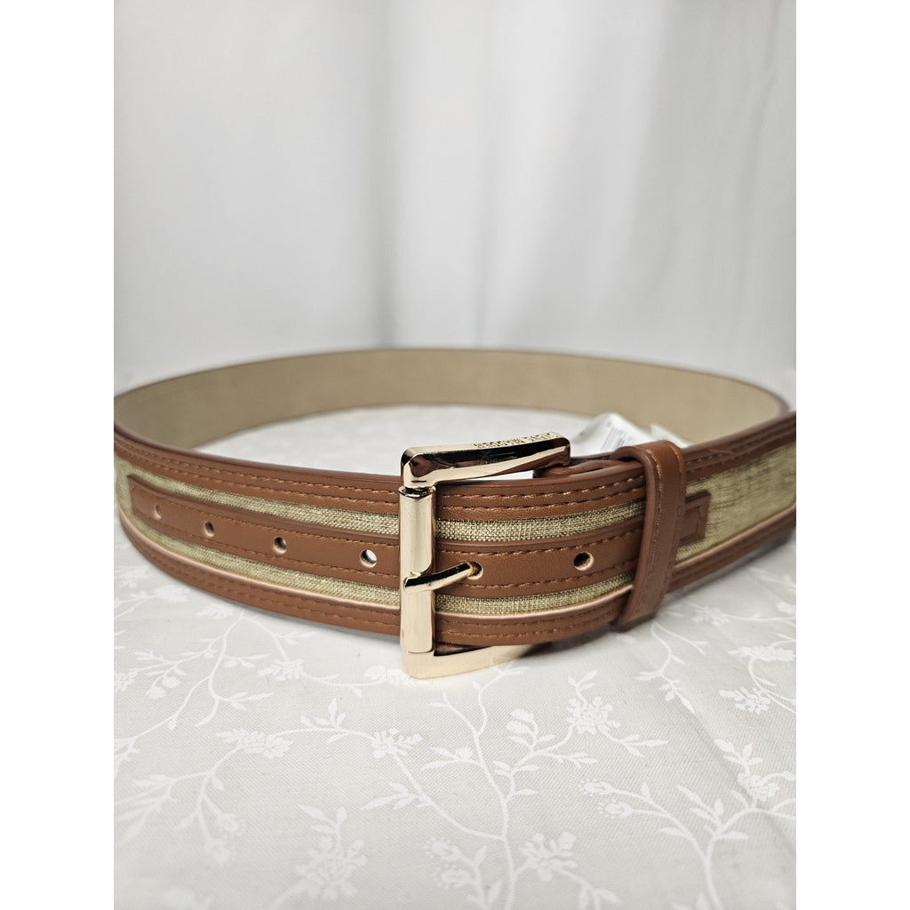 Nwt Steve Madden Faux Leather Gold Canvas Cognac Womens Belt XL 39" 1.75"
