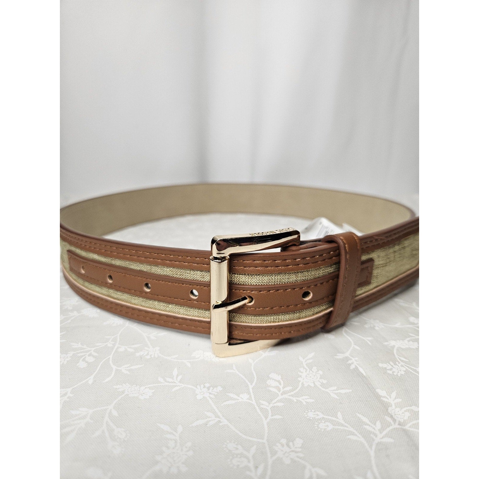 Nwt Steve Madden Faux Leather Gold Canvas Cognac Womens Belt XL 39" 1.75"
