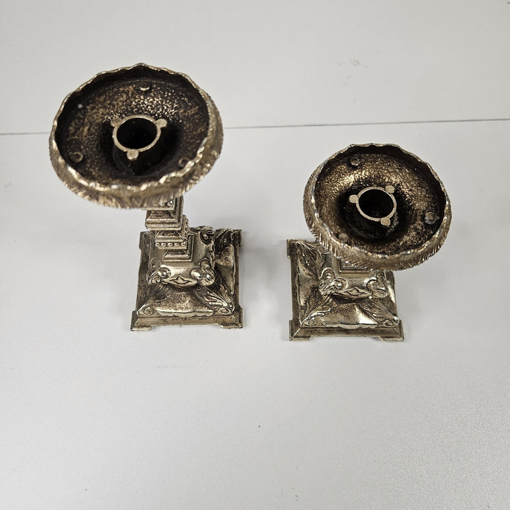 Vtg 19th Century Ornate Scrollwork Metal Candlesticks Pair Romantic Victorian