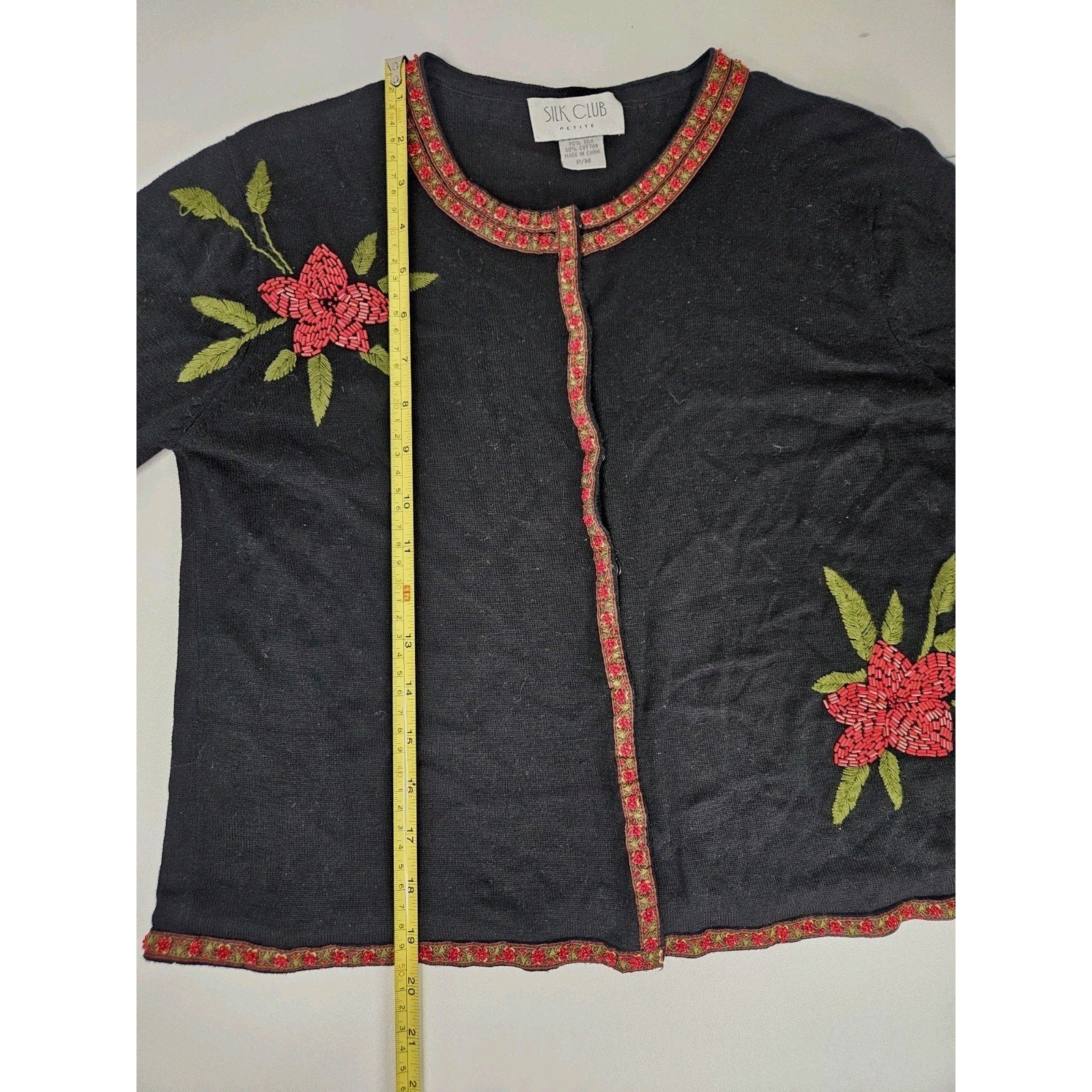 Silk Club Black Silk Cardigan Beaded Embroidered Holiday Sweater Petite Medium