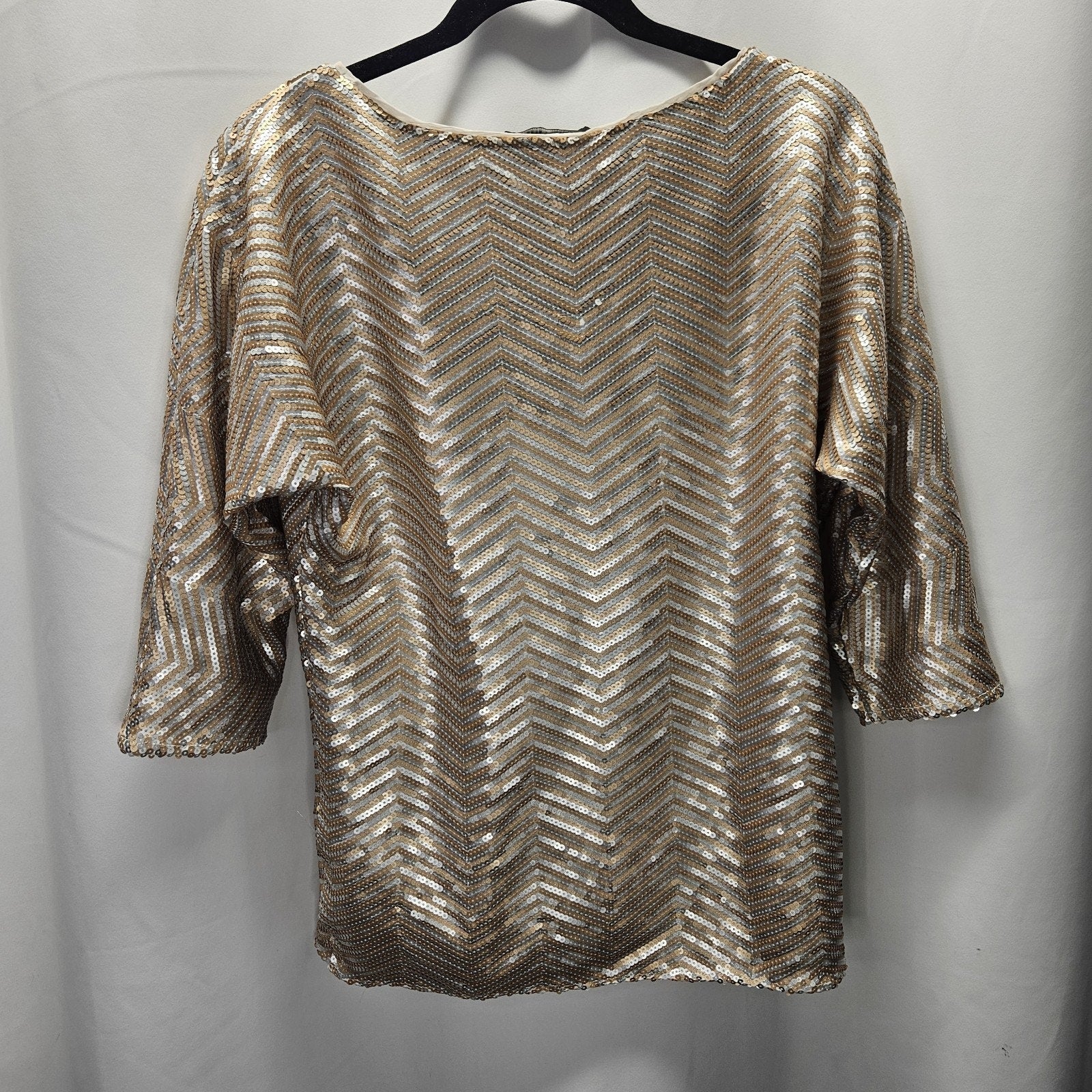 White House Black Market Silver Gold Chevron Sequin Dolman Top Womens Medium