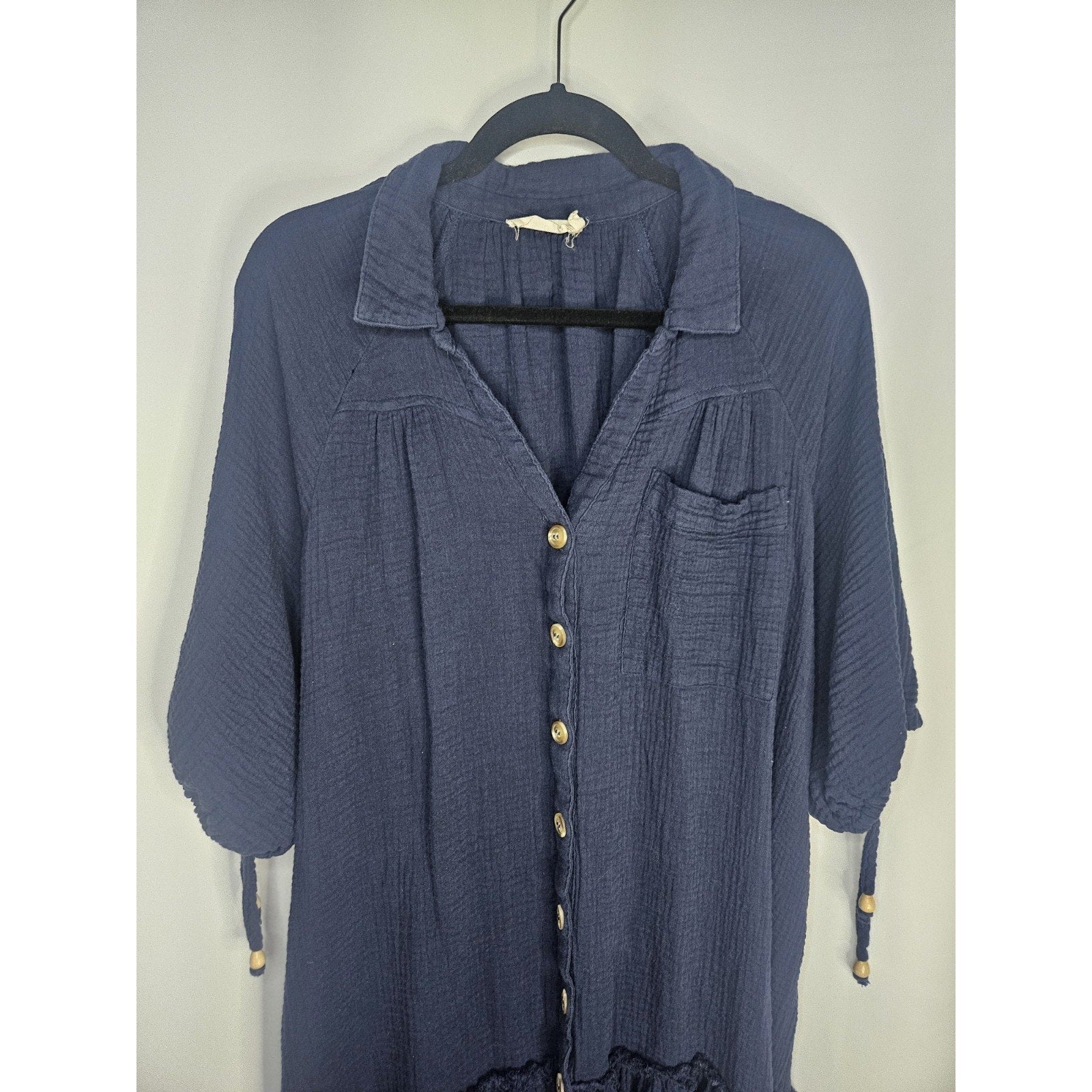MILLIBON USA Dress Womens Large Tiered Navy Shirtdress Boho Cottagecore