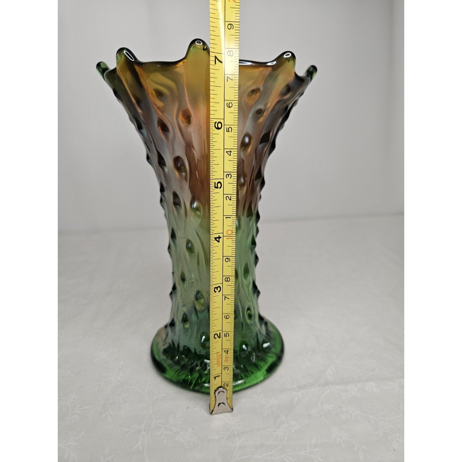 Vintage Northwood Green Carnival Stretch Squat Tree Trunk 7-1/2” Vase