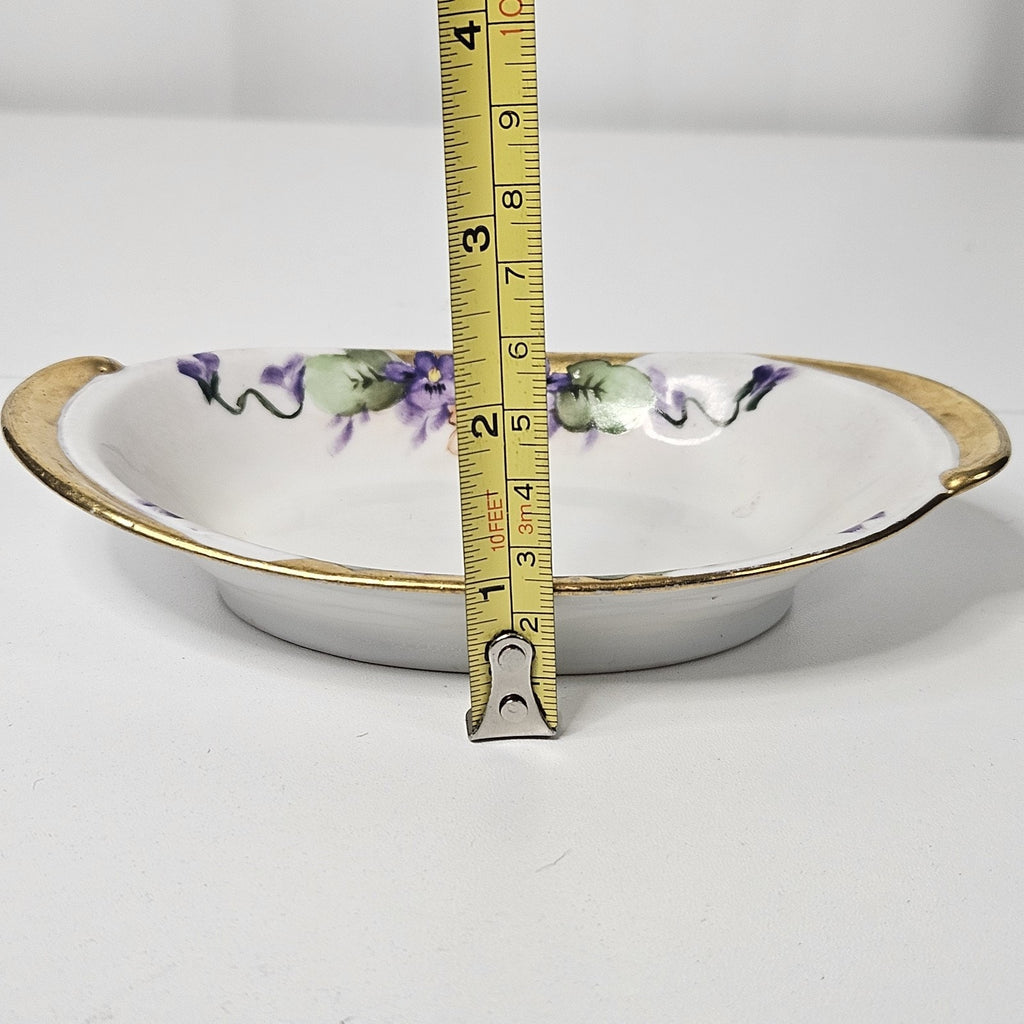 Antique hand-painted porcelain nappy dish candy bowl violet motif gold trim