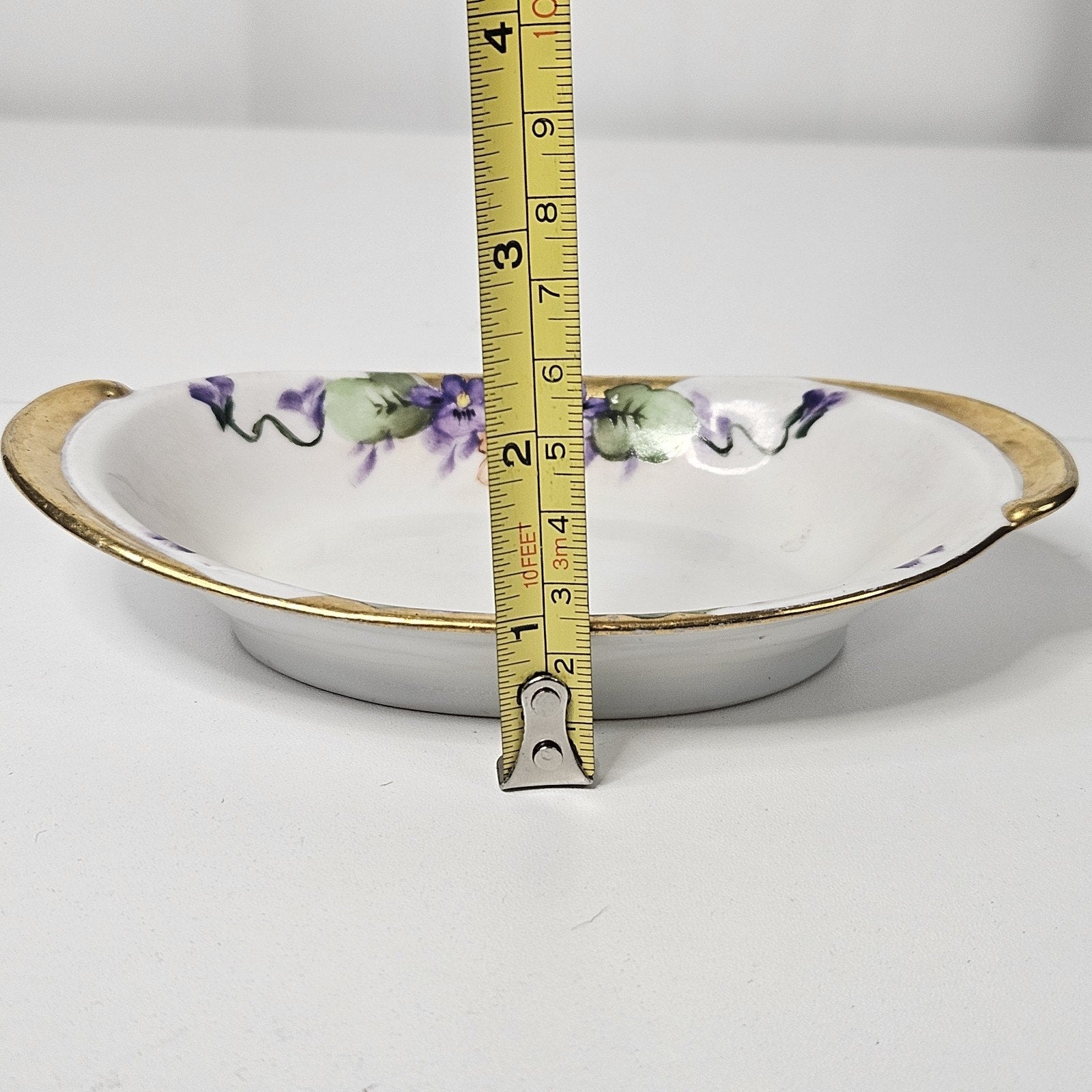 Antique hand-painted porcelain nappy dish candy bowl violet motif gold trim