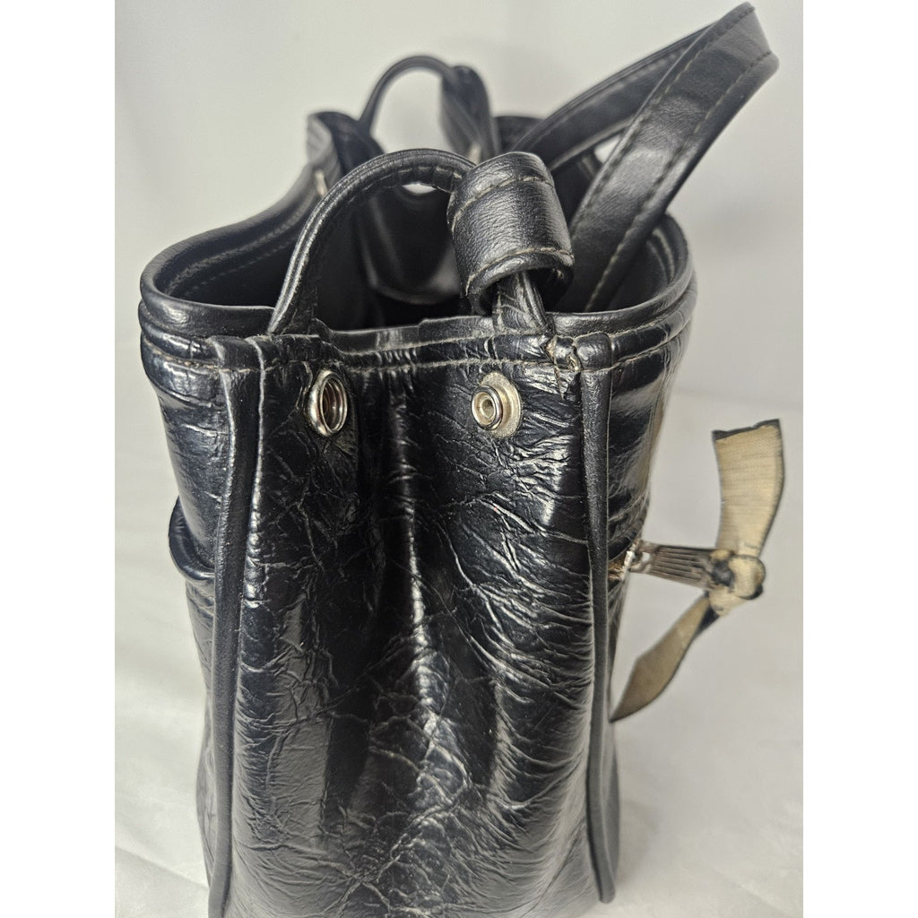 Vintage 70s Handmade Black Leather Tote Handbag Purse Shoulder Bag
