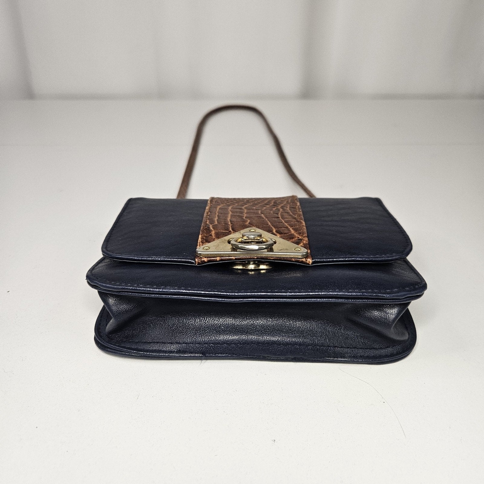 L'egent Navy Brown Faux Leather Purse Buckle Mini Shoulder Bag 90s Vintage