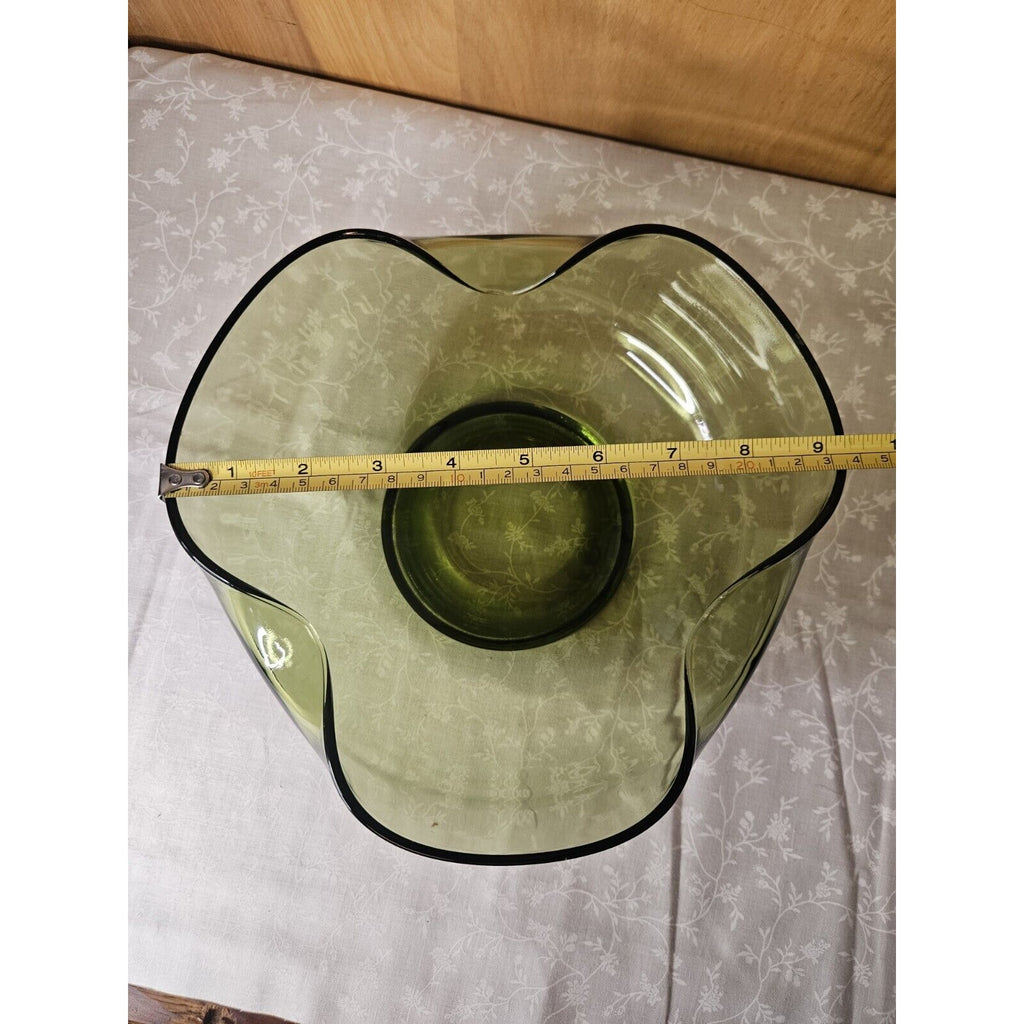Vintage Anchor Hocking Glass Chip & Dip Bowl Set Green Glass RETRO 9.5" & 5"