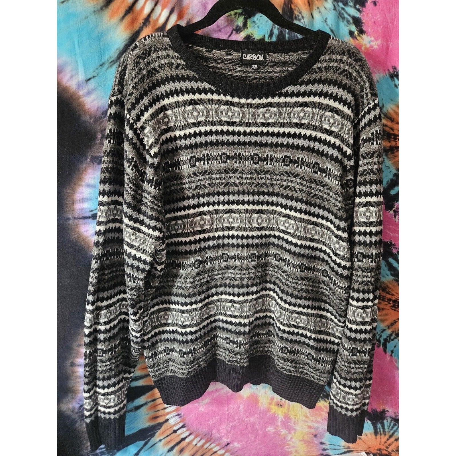 Carbon Fair Isle Men's Black And White Pullover Sweater XXL Y2K