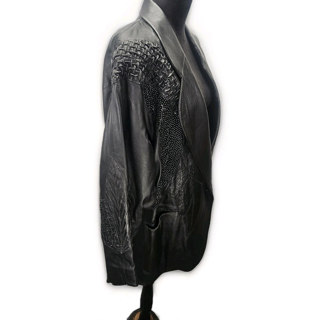 Unique 80s Oversized Black Leather Jacket Patchwork Blazer Medium Edgy Glam Vtg