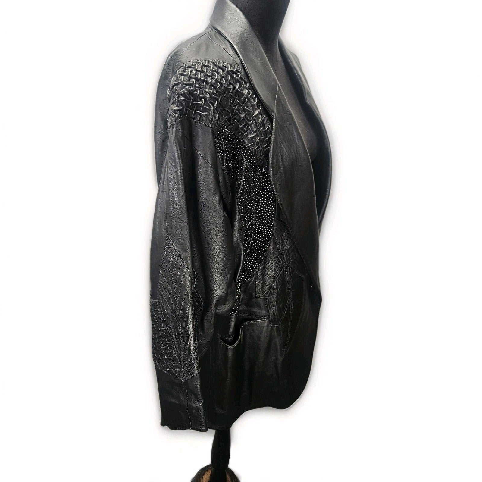 Unique 80s Oversized Black Leather Jacket Patchwork Blazer Medium Edgy Glam Vtg