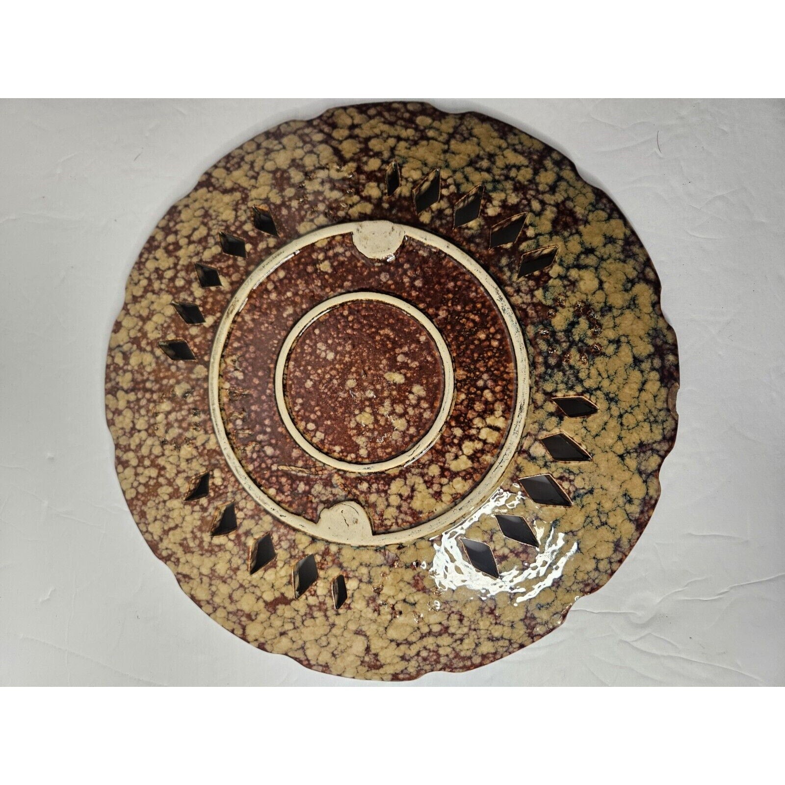 Art Pottery Glazed Vintage Ornate Plate 11.5 3729 Brown Tan