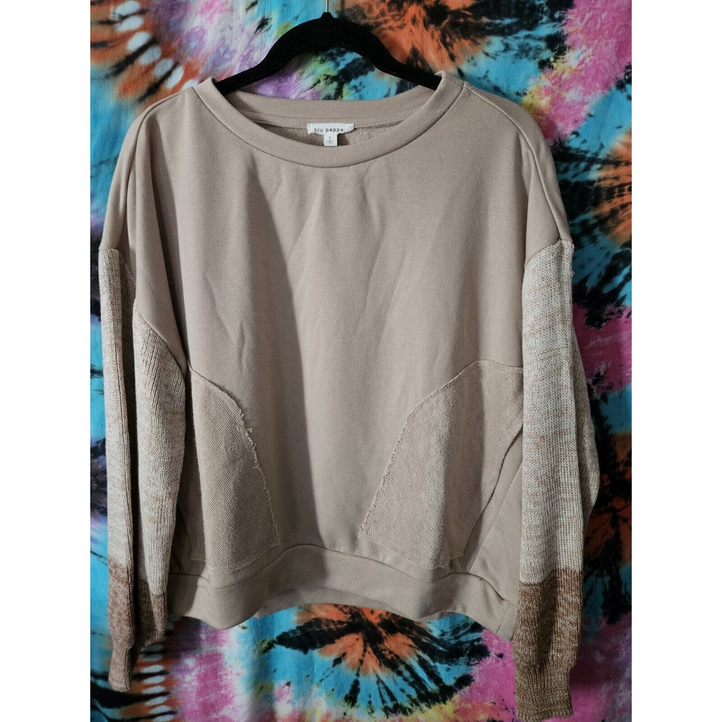Blu Pepper Colorblock Womens Sweater Outside Seams Gray Cream Tan Size Large