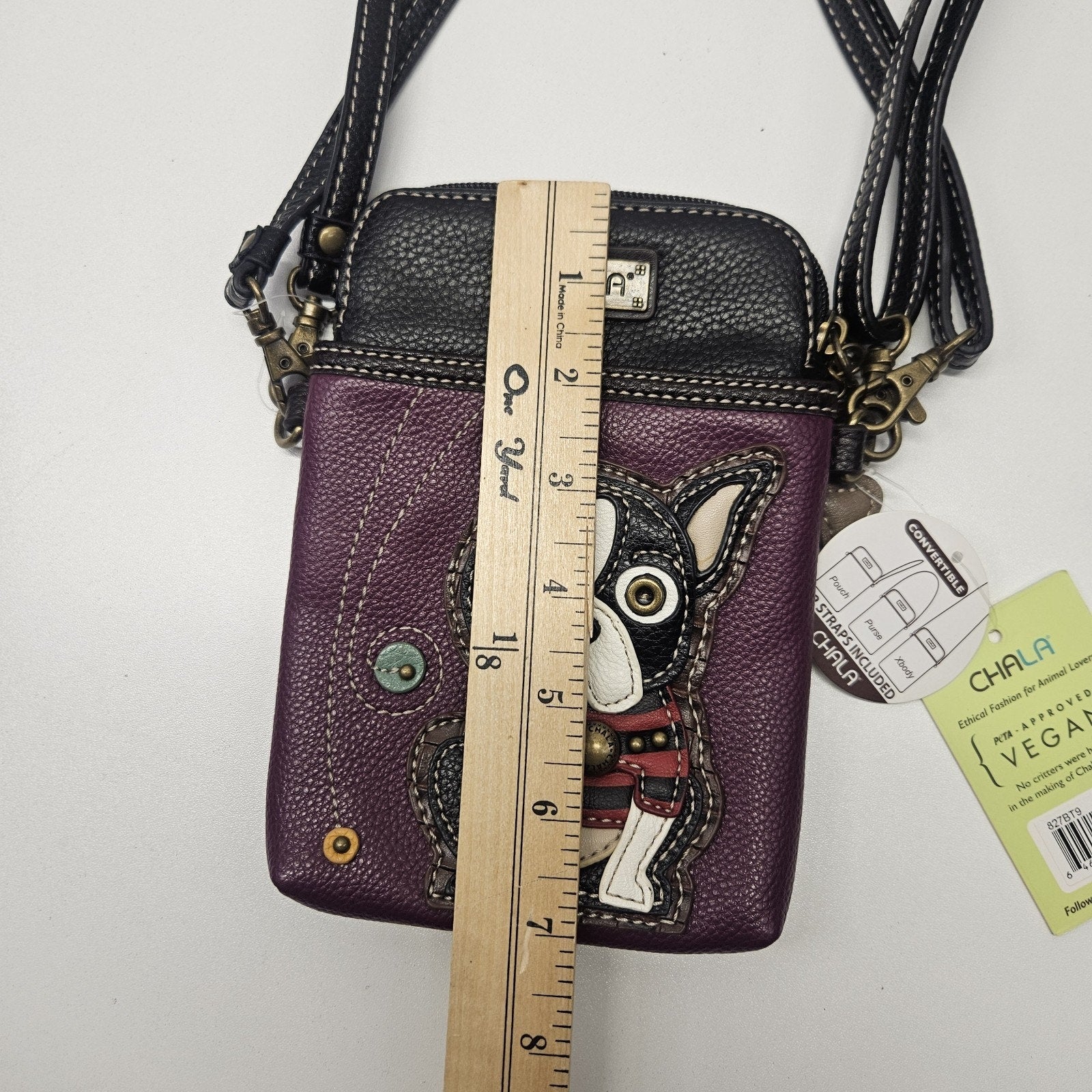 Nwt CHALA Frenchie Cell Phone Crossbody Bag w 2 Adj. Straps Purple Black