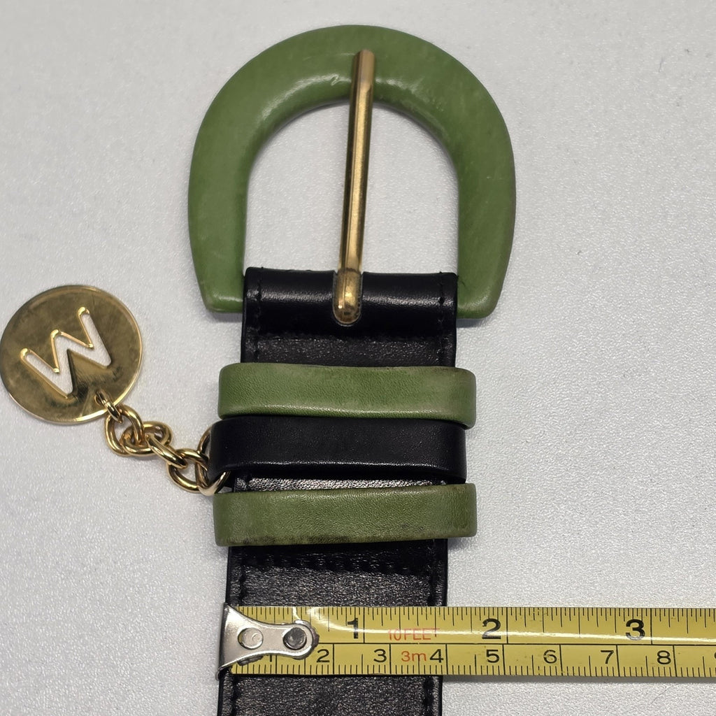 VTG Mondi Astor Rindleder Black Leather Belt Green Buckle Gold Charm Sz 38 Mod
