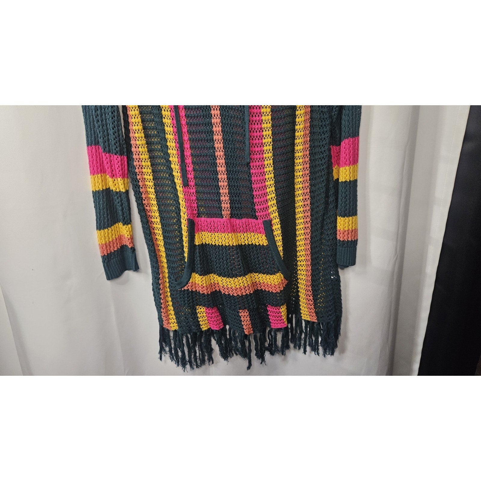 Torrid Striped Open Stitch Pullover Fringe Hem Sweater 1X Kangaroo Pocket Boho