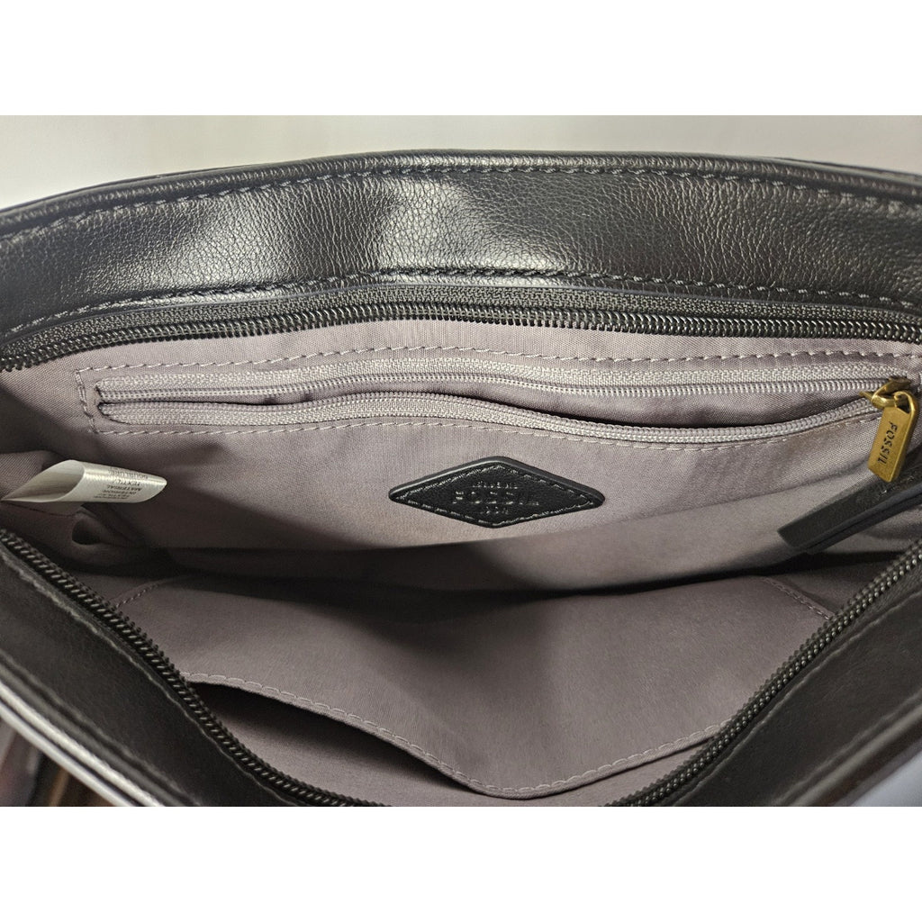 Fossil Black & Logo Pattern Crossbody Bag With Gold Hardware And Adjustable Stra