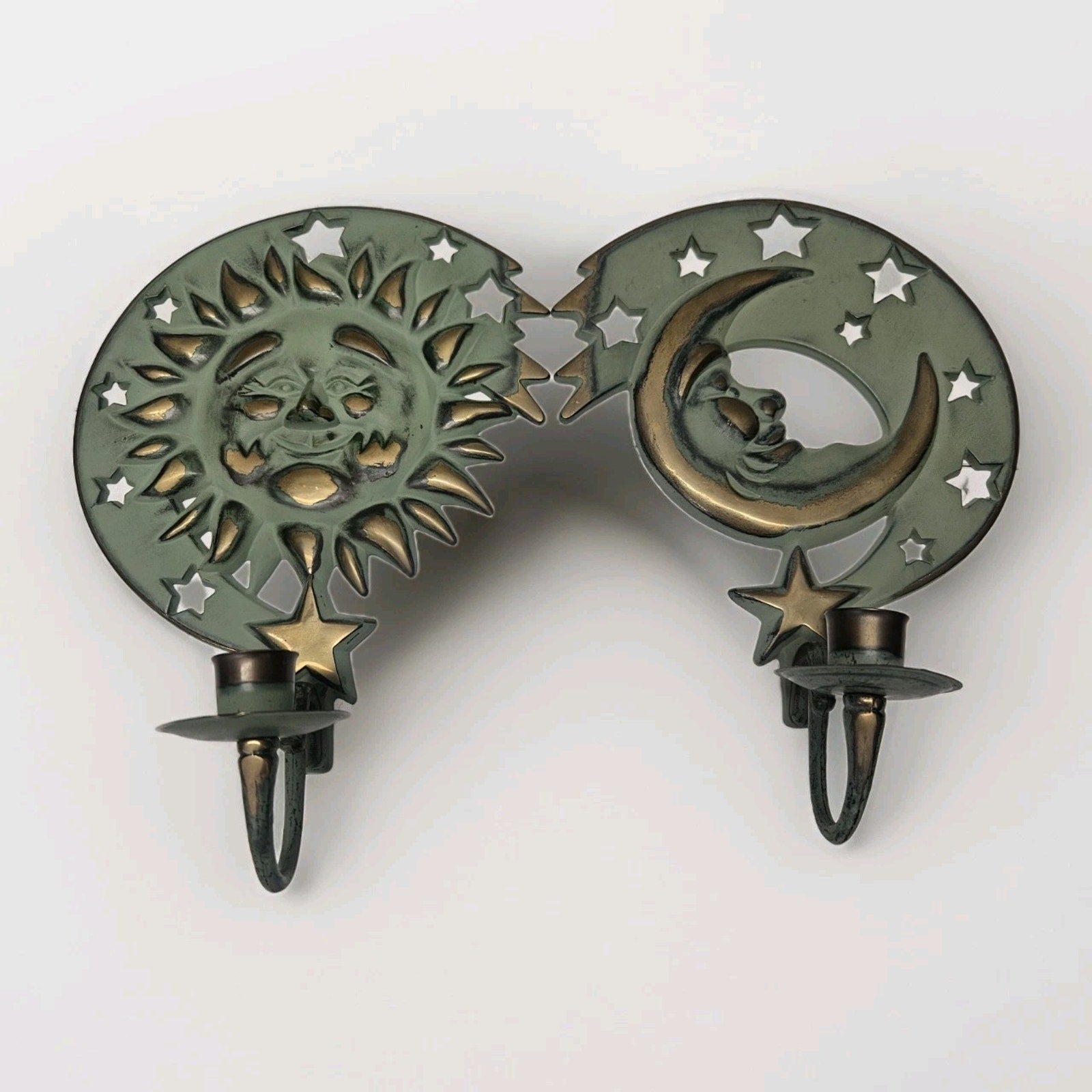 Vtg 1994 PartyLight Vintage Sun And Moon Candle Holder Sconces Brass Celestial
