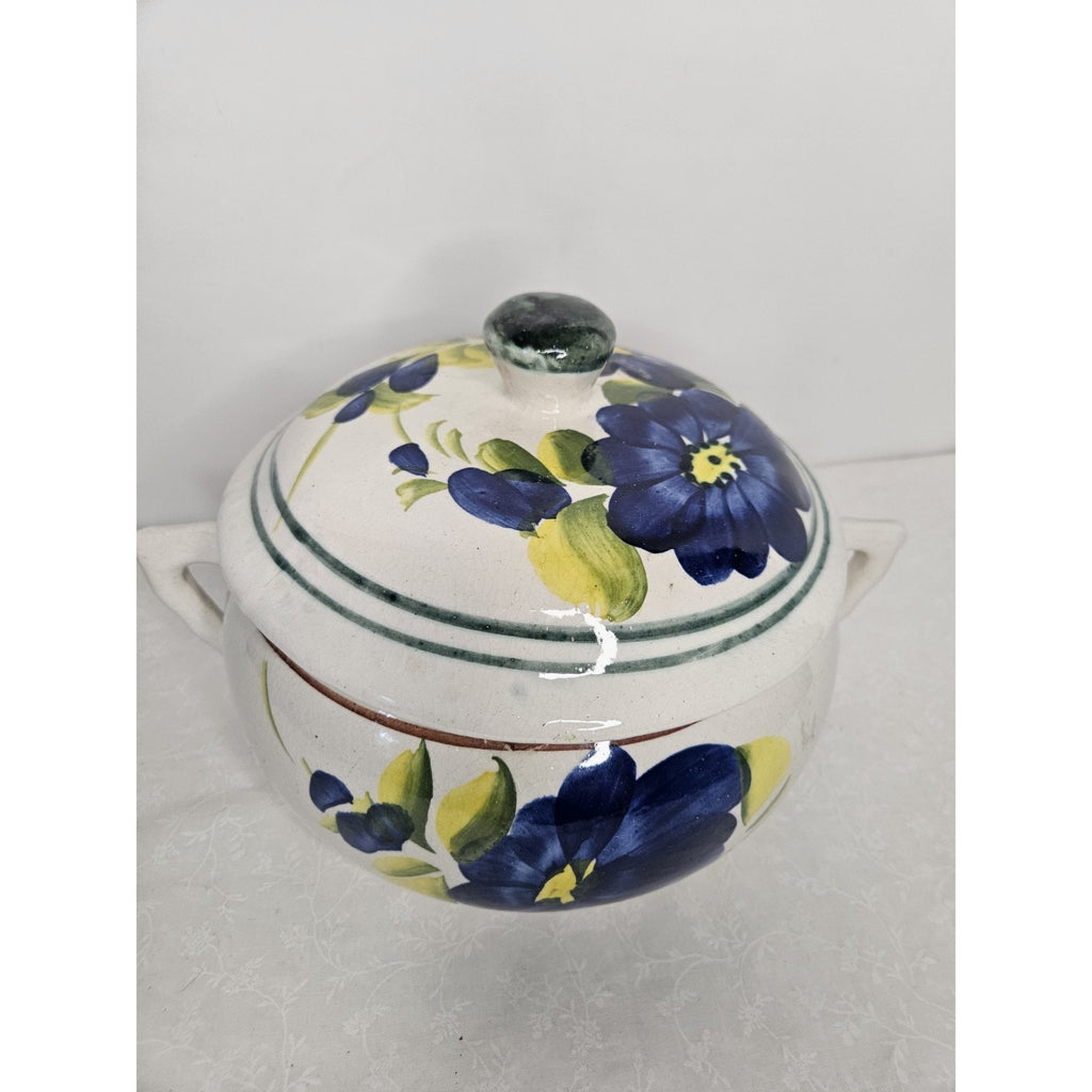 Vtg Mexican Hand Made Painted Decorative Lidded Bean Pot Blue Floral Casserole
