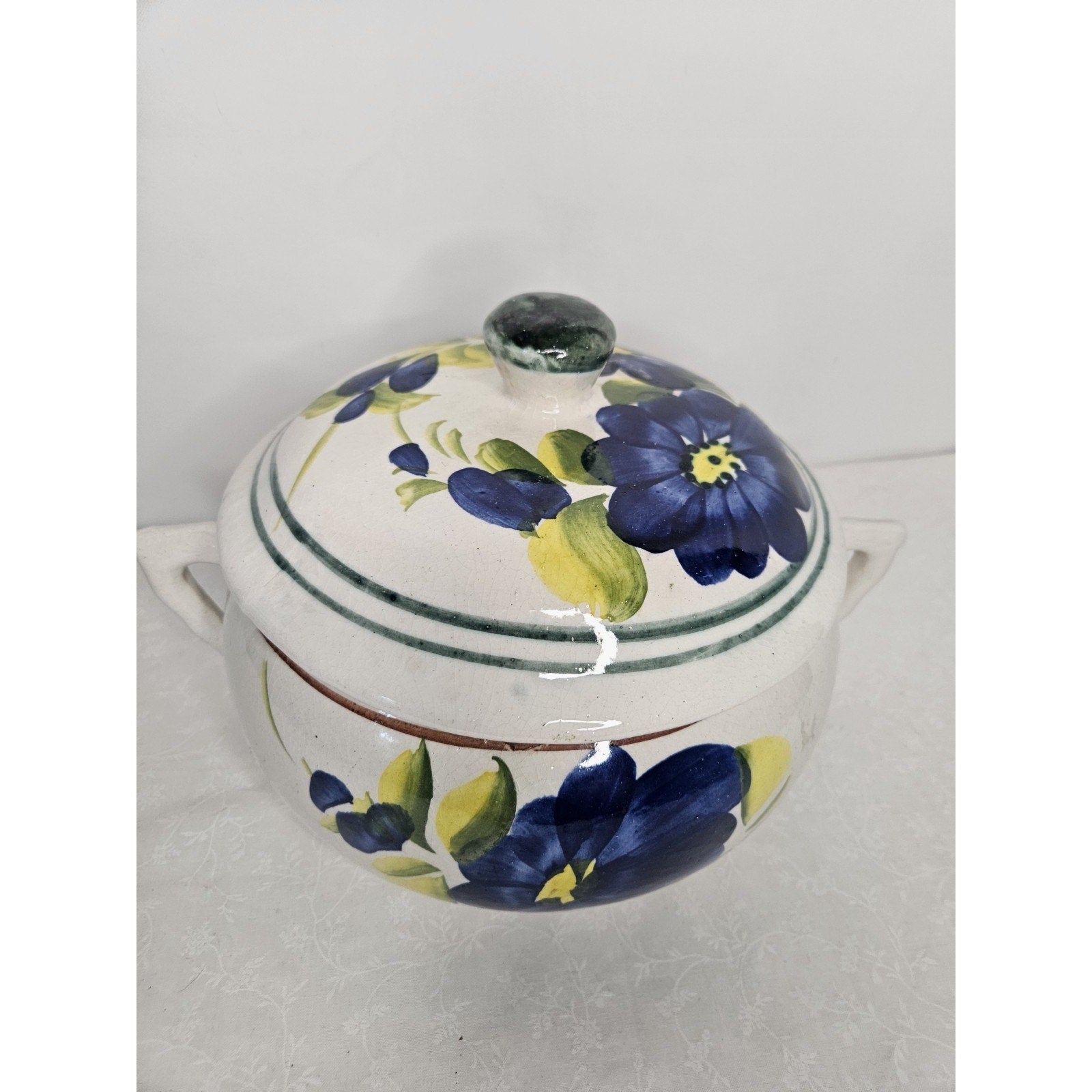 Vtg Mexican Hand Made Painted Decorative Lidded Bean Pot Blue Floral Casserole