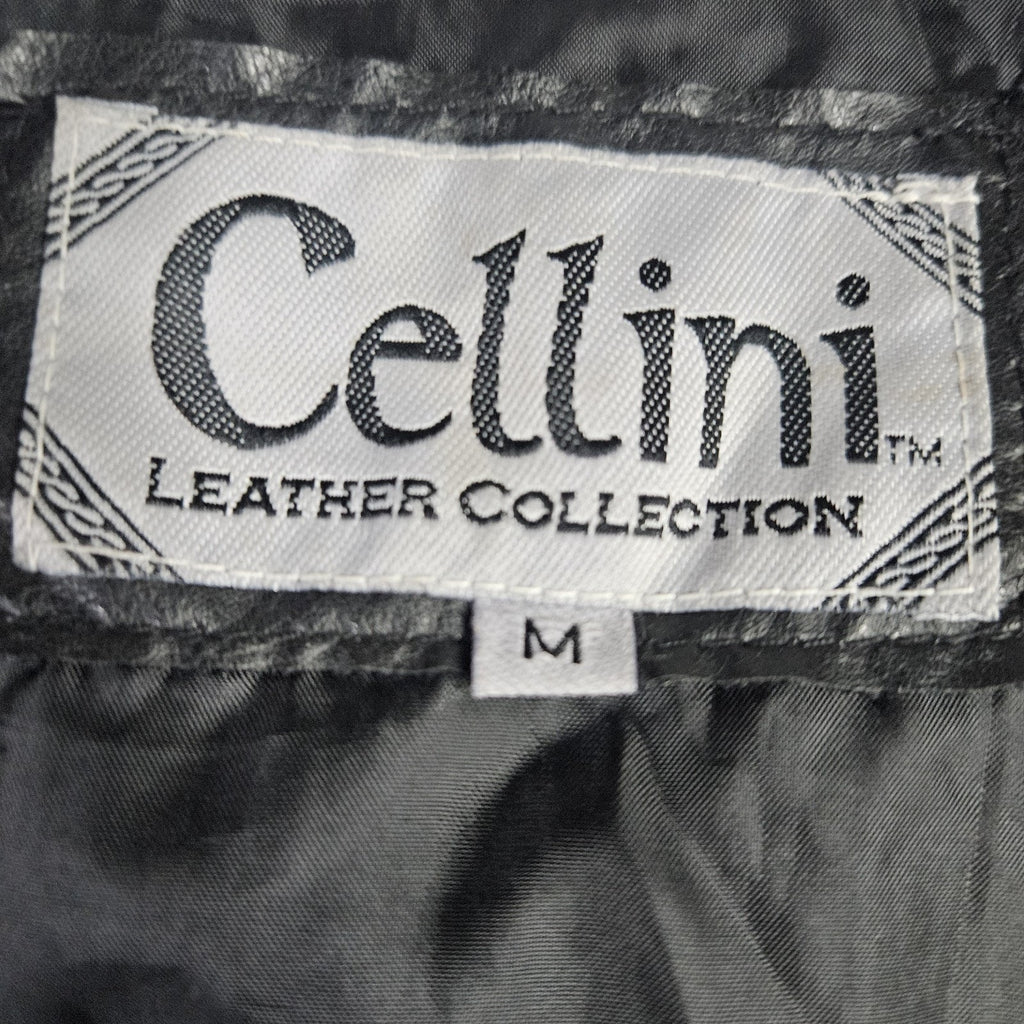 Vtg 90s Cellini Black Leather Bomber Jacket Stitch Mosaic Moto Jacket Coat- Med