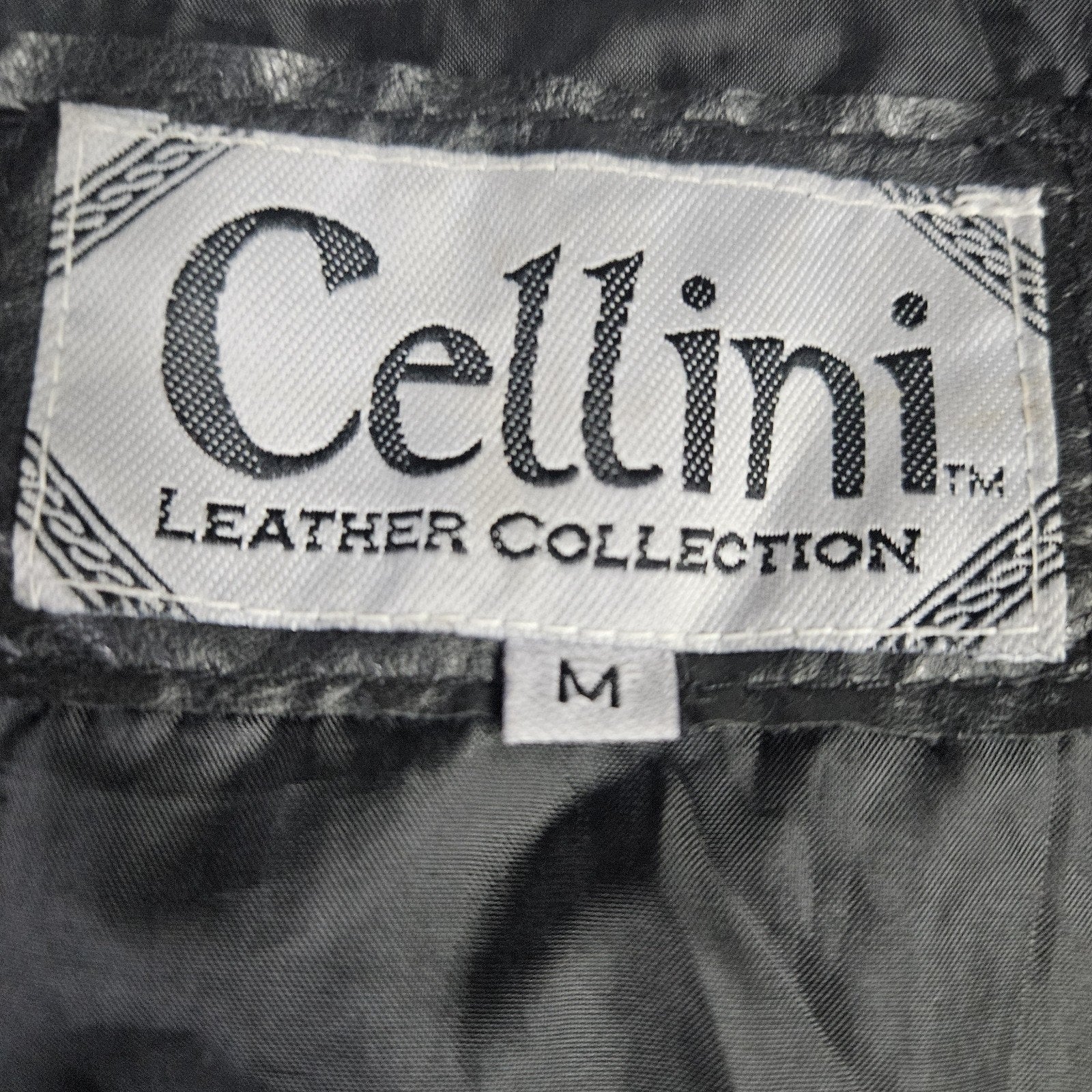 Vtg 90s Cellini Black Leather Bomber Jacket Stitch Mosaic Moto Jacket Coat- Med