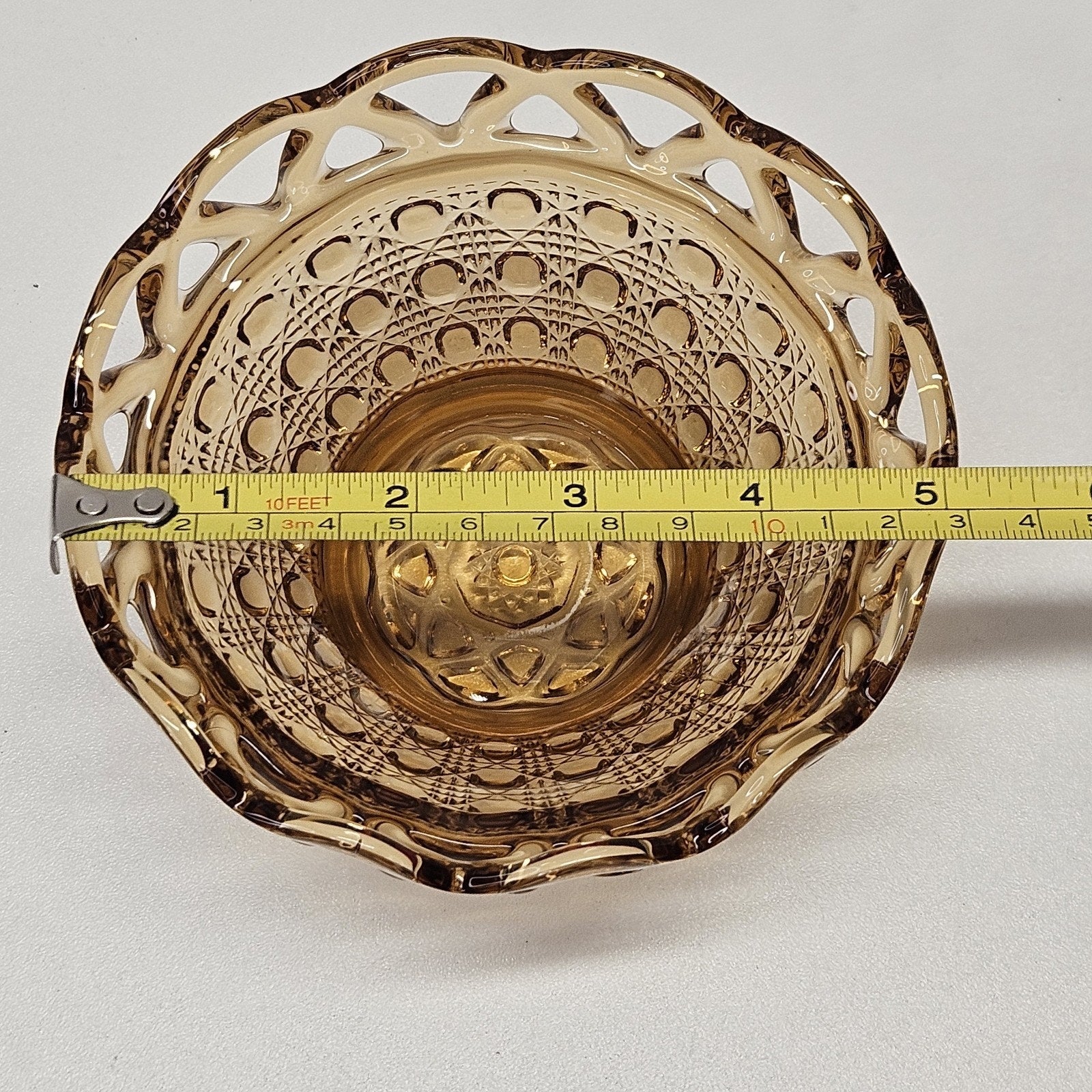 Vintage Imperial Glass Golden Amber Glass Bowl Button Weave Lattice Top 3" Retro