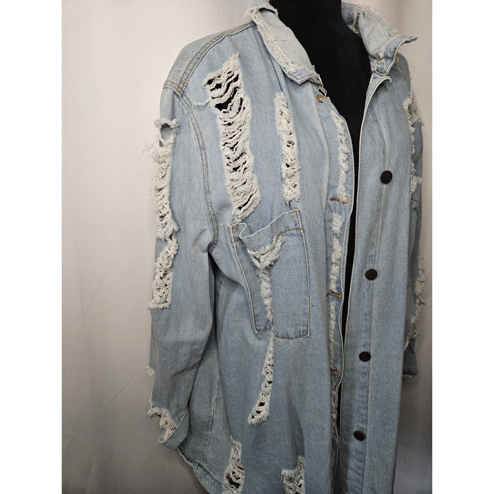 Denim Flavour Collection Womens Distressed Denim Shirt Small Oversized Long