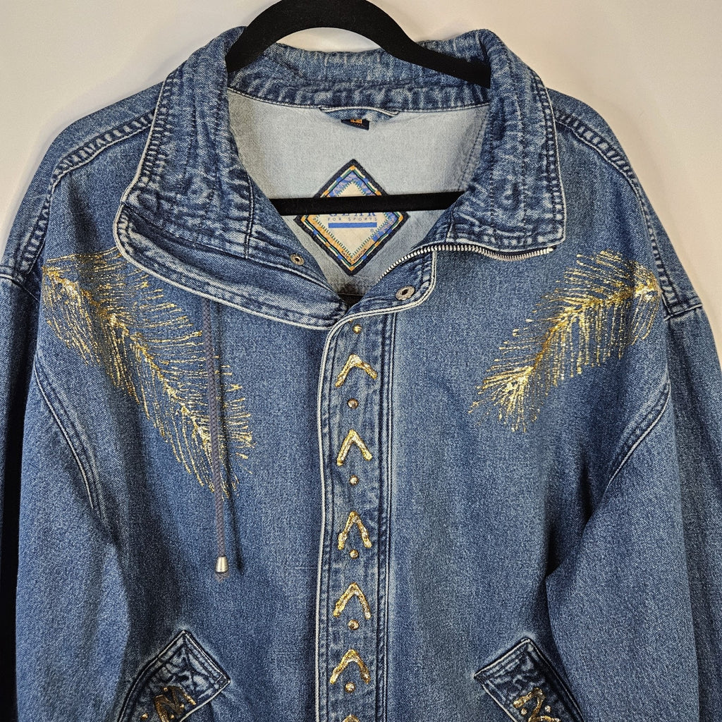 VTG 90s Coat Jacket Large Denim Oversized Puff Paint Embellished Southwestern