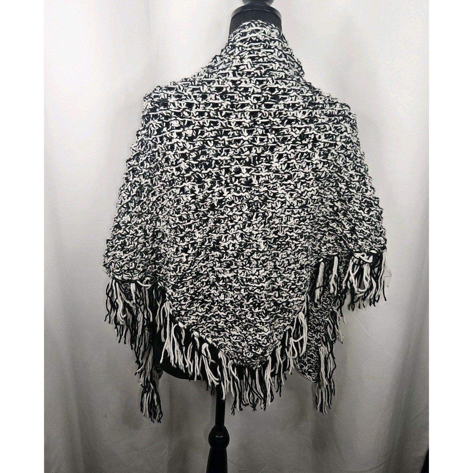 Handmade Knit Sweater Cape One Size Black White Open Front Draped Fringe Hippie