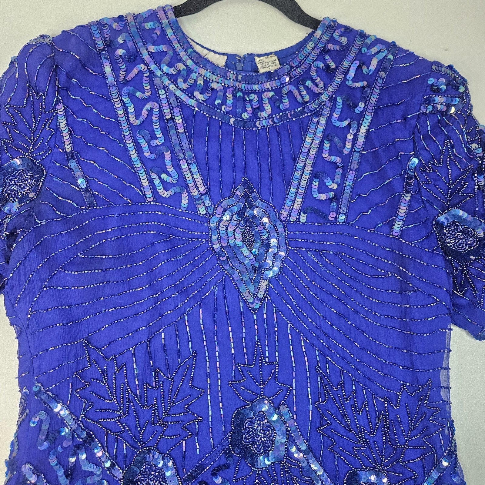 Sequin Beaded Silk Top 90s Vintage Royal Blue Blouse Gatsby Glam Party Large