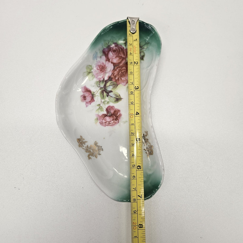Vintage Germany Porcelain Trinket Dish Green And Pink Floral 7x4” Jewelry Tray