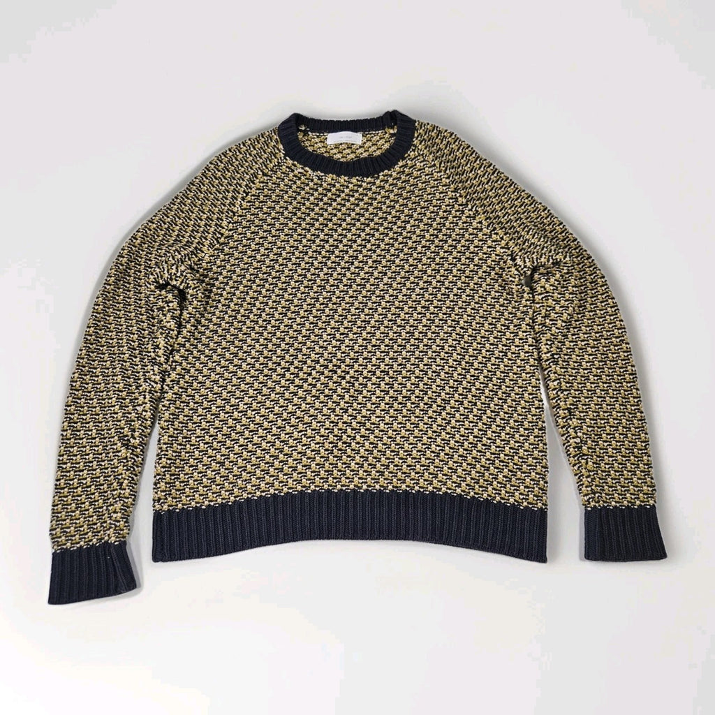 Oak + Fort Knit Crewneck Pullover Sweater Medium Yellow Grey Fisherman Preppy