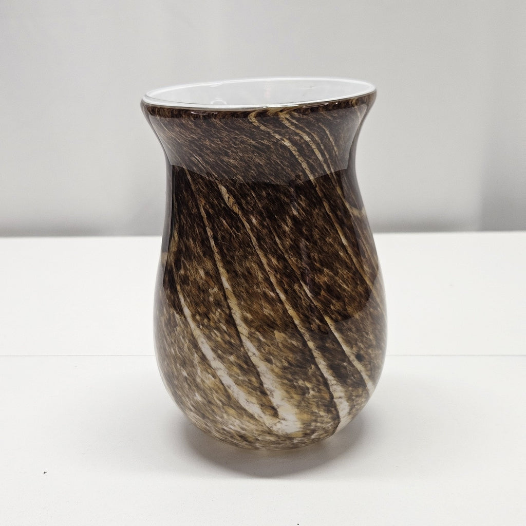 Vtg MURANO STYLE GLASS 6.5" VASE Speckled Gold & Brown White Stripes Earthy