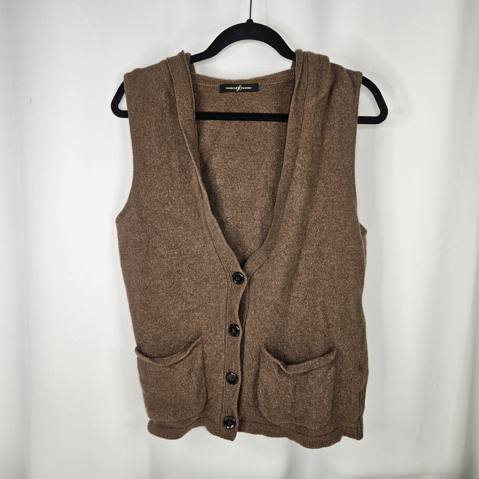 Vtg Womens NineSix 96 New York Brown Hooded Wool Button Up Knit Sweater Vest Med