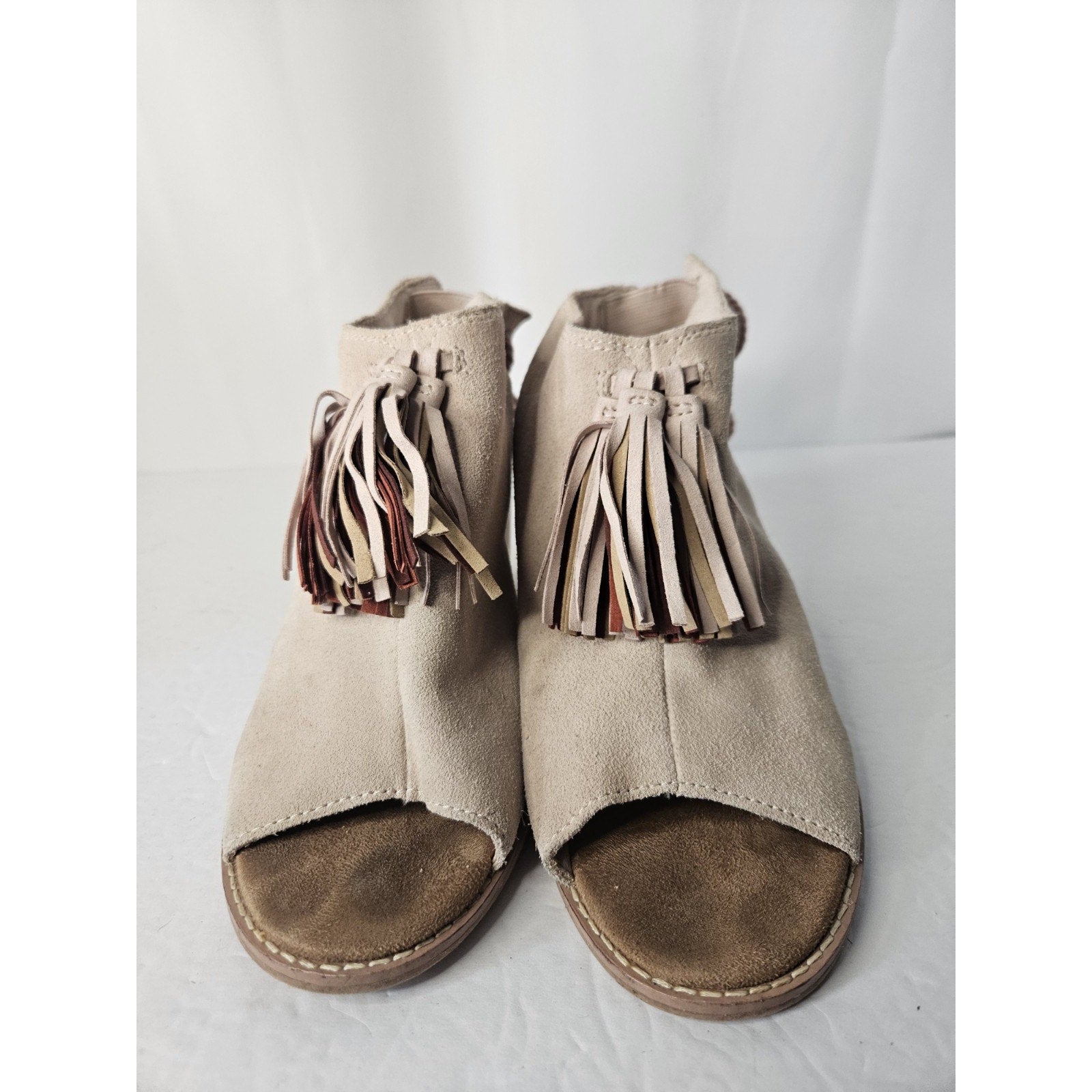 Toms Light Blush Pink Suede Tassel Block Heel Open Toe Booties 9