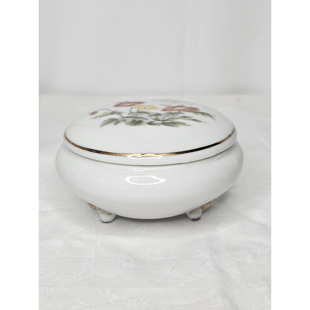 Takahashi San Francisco Floral Ceramic Covered Trinket Jewelry Box w/Gold Trim