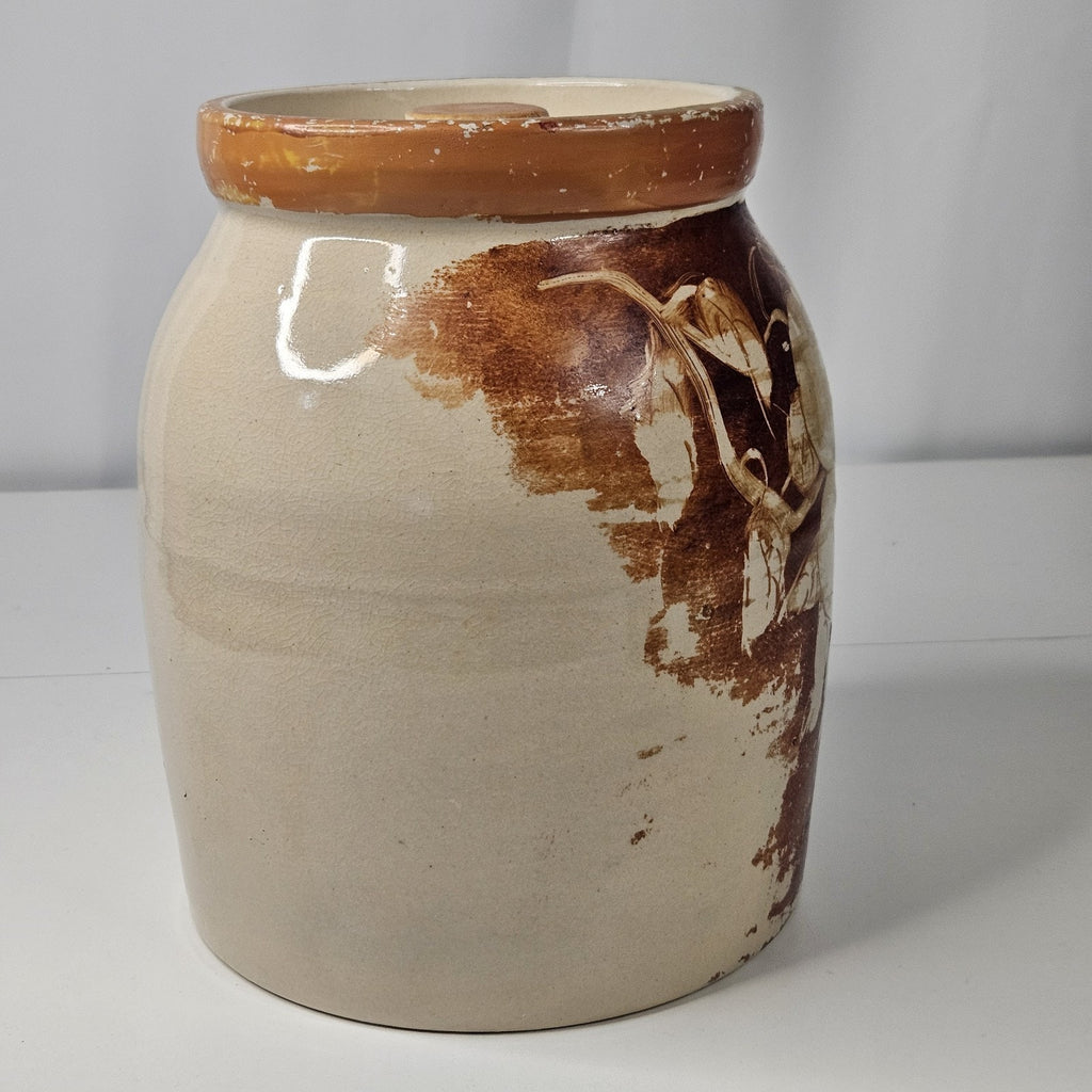 Vintage Glazed Pottery Abstract Fruit Print Cookie Jar Retro Kitchen Storage