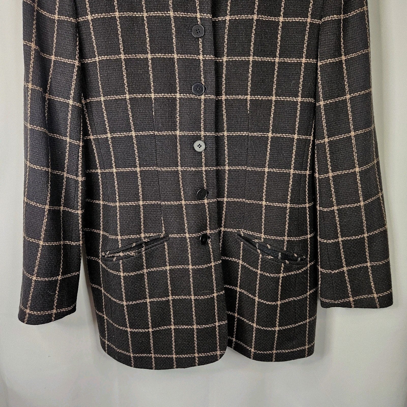 Chaus Women's Black Vintage Plaid Lambs Wool Double Breasted Career Blazer Sz 12