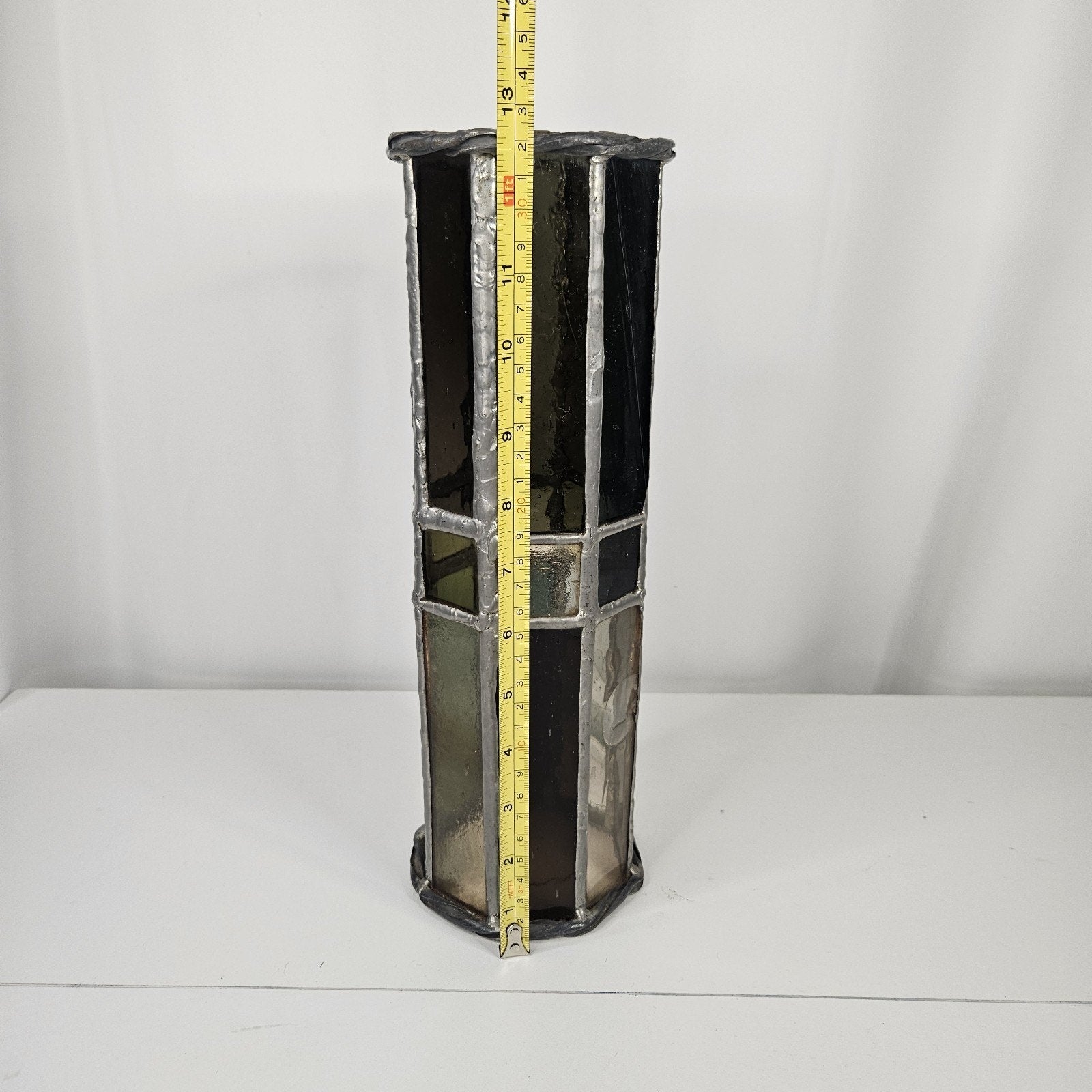 Vintage Hand Crafted Beautiful Stained Glass Pillar Candle Holder 12.5"