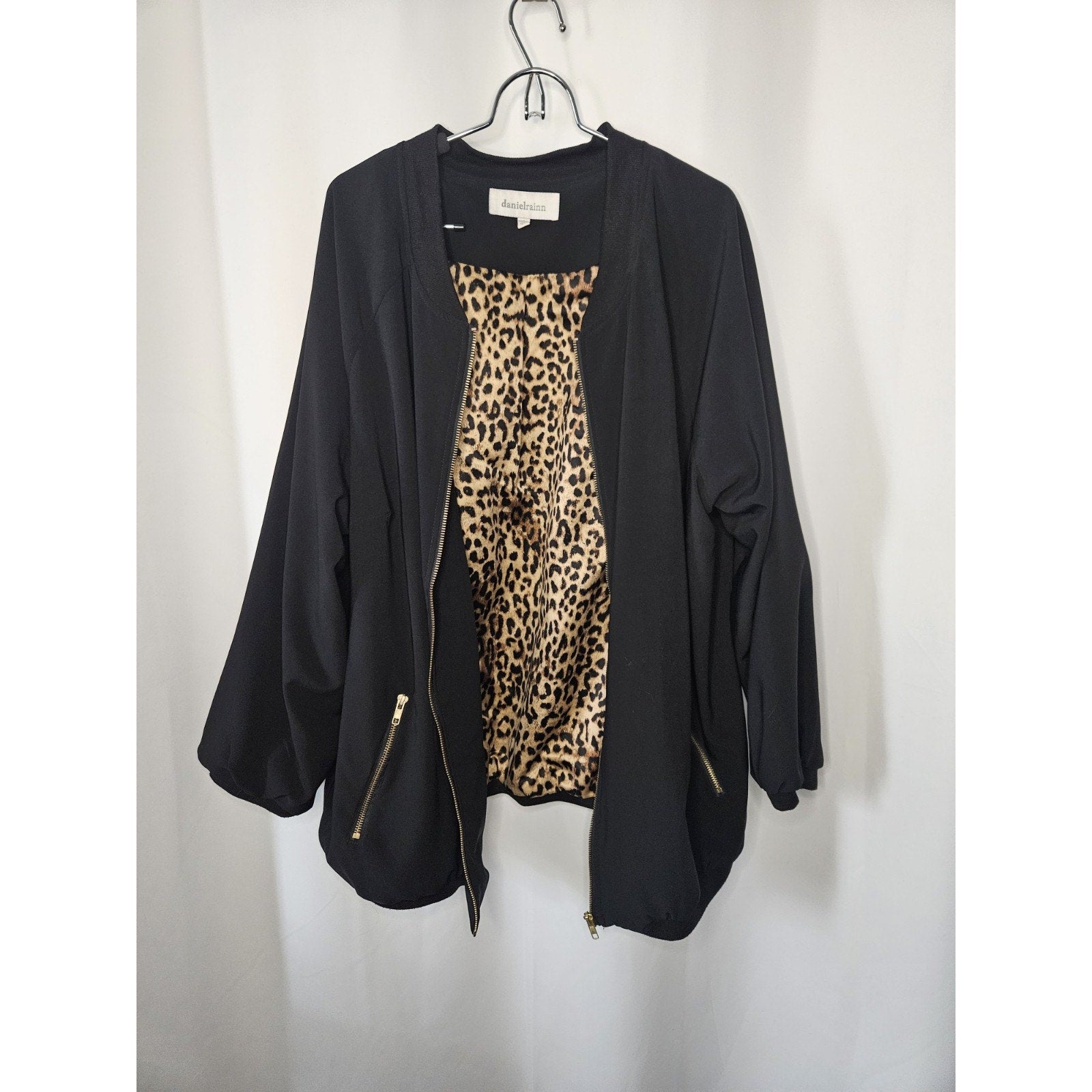 Daniel Rainn Black Jacket Coat Gold Zipper Pockets Silk Leopard Lining Size 2X