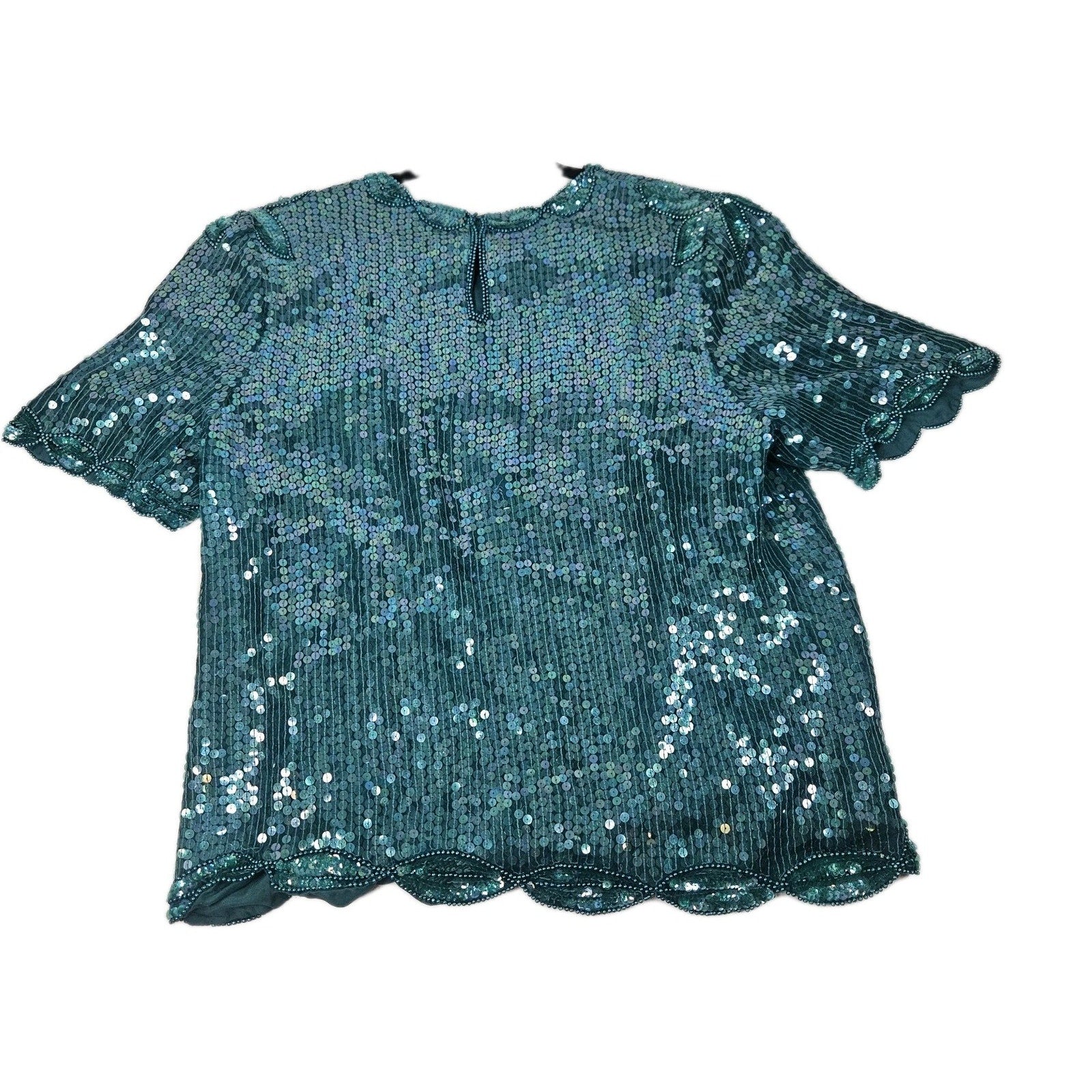 Sequin Beaded Silk Top 90s Vintage Teal Green Blouse Gatsby Glam Party Large