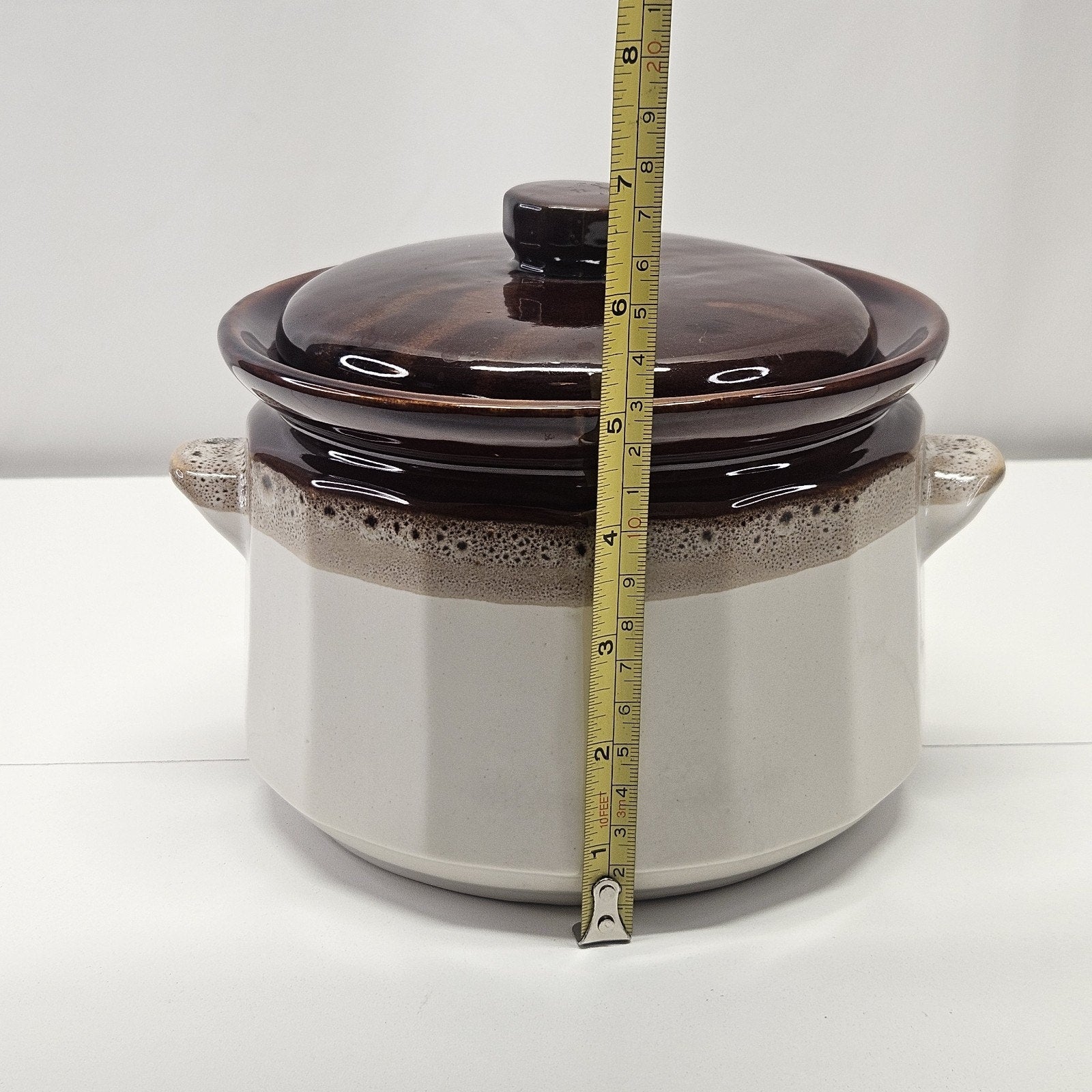 Vintage Stoneware Pottery Crock Pot Two-tone Brown Tan Glaze MCM Rustic