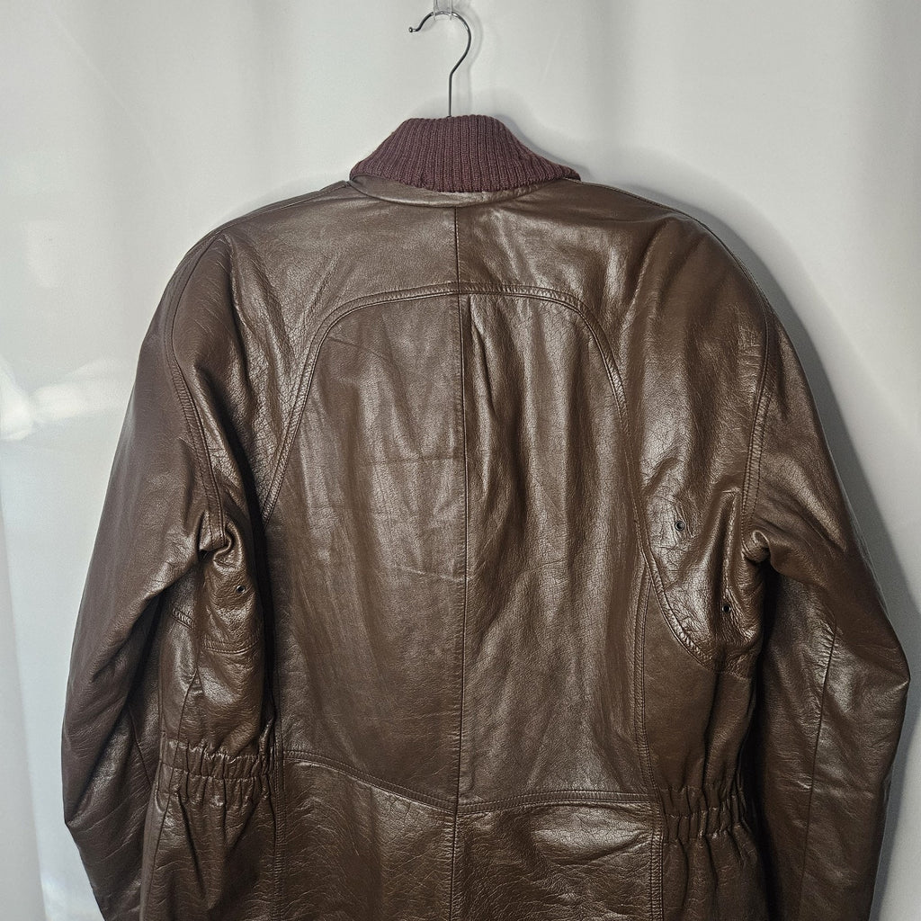 Nino Cerruti Sport Brown Leather Parka Brown Sz Large Asymmetrical Collared Vtg