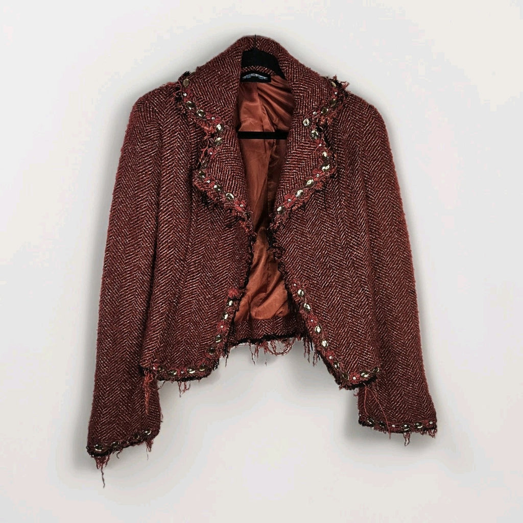 Vtg Y2K Funkyard Fabulous Till End Maroon Embellished Tweed Jacket Medium Wool B