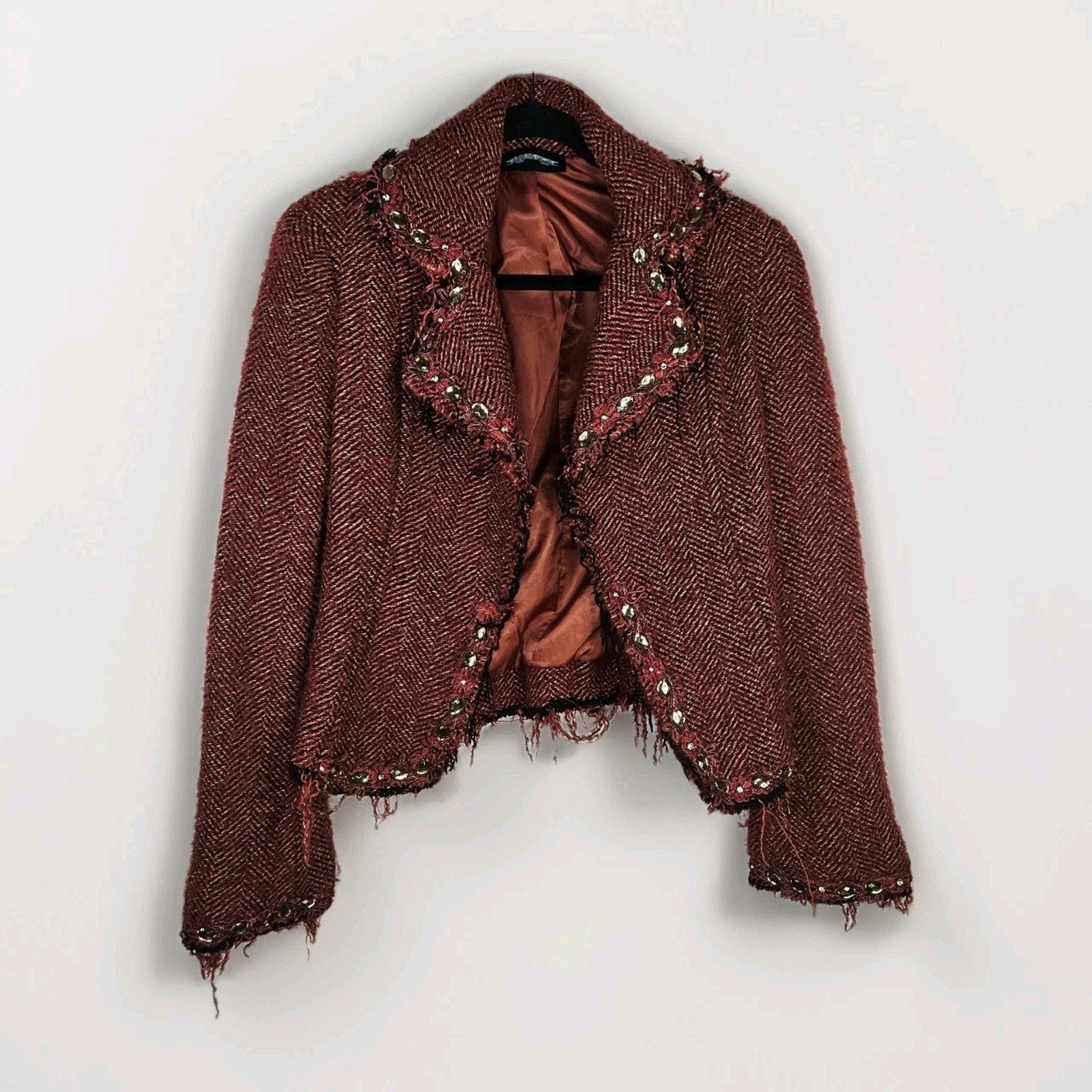 Vtg Y2K Funkyard Fabulous Till End Maroon Embellished Tweed Jacket Medium Wool B